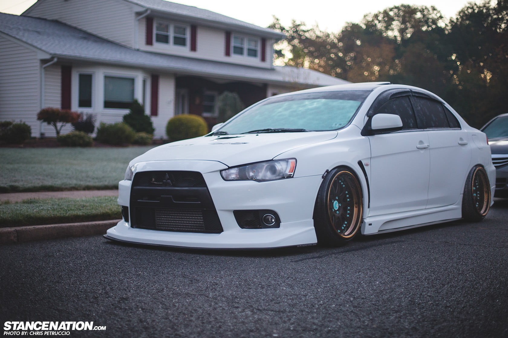 transportation, stationary, outdoors, street, day, Stance, car, land vehicle, built structure, no people, Work Emotion XD-9, sedan, evolution, white, Mitsubishi Lancer Evo X, HD Wallpaper