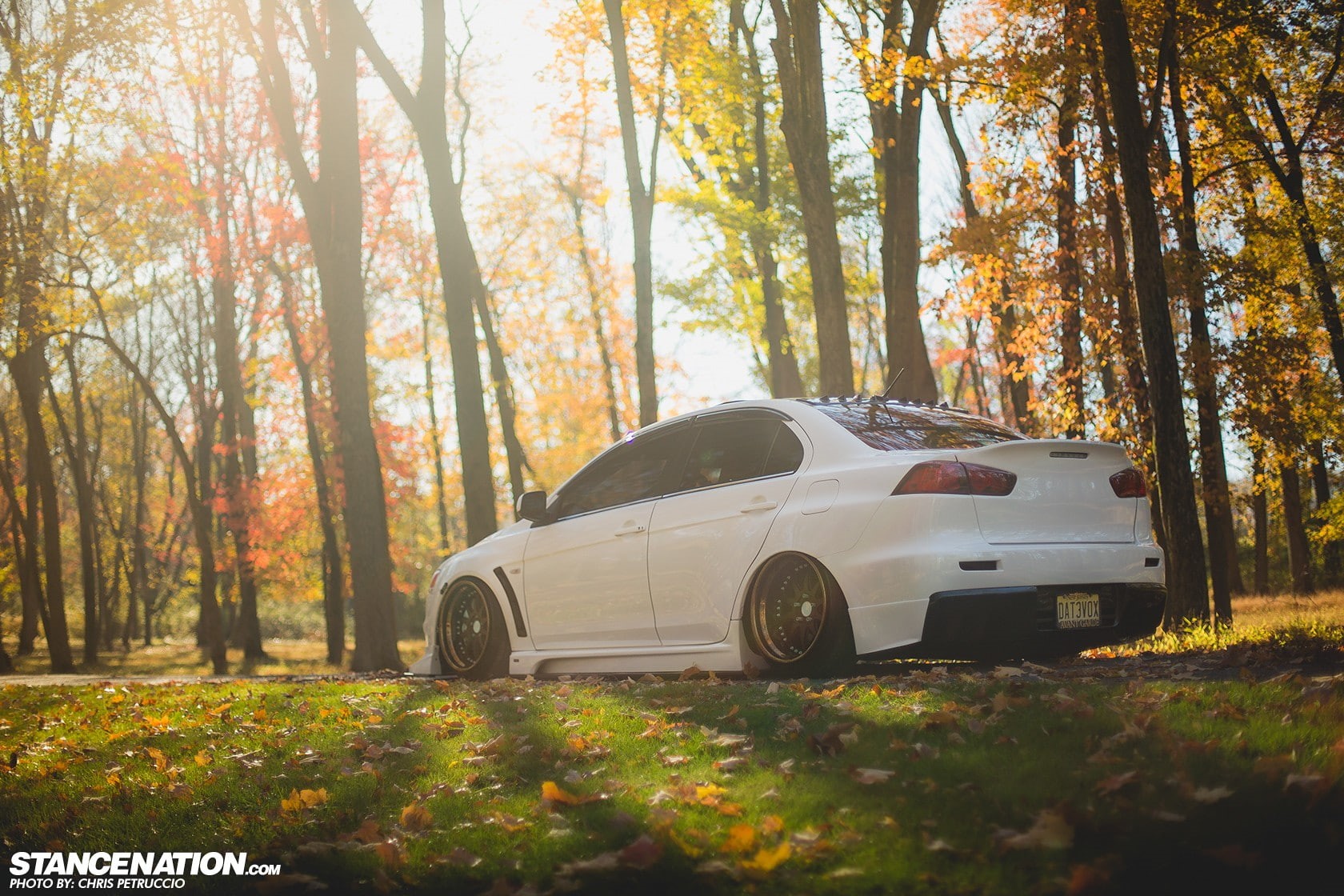 Mitsubishi Lancer Evo X, Work Emotion XD-9, car, evolution, sunlight, 720P, vehicle, Mitsubishi Lancer, DAT3VO, trees, Mitsubishi, white cars, HD Wallpaper