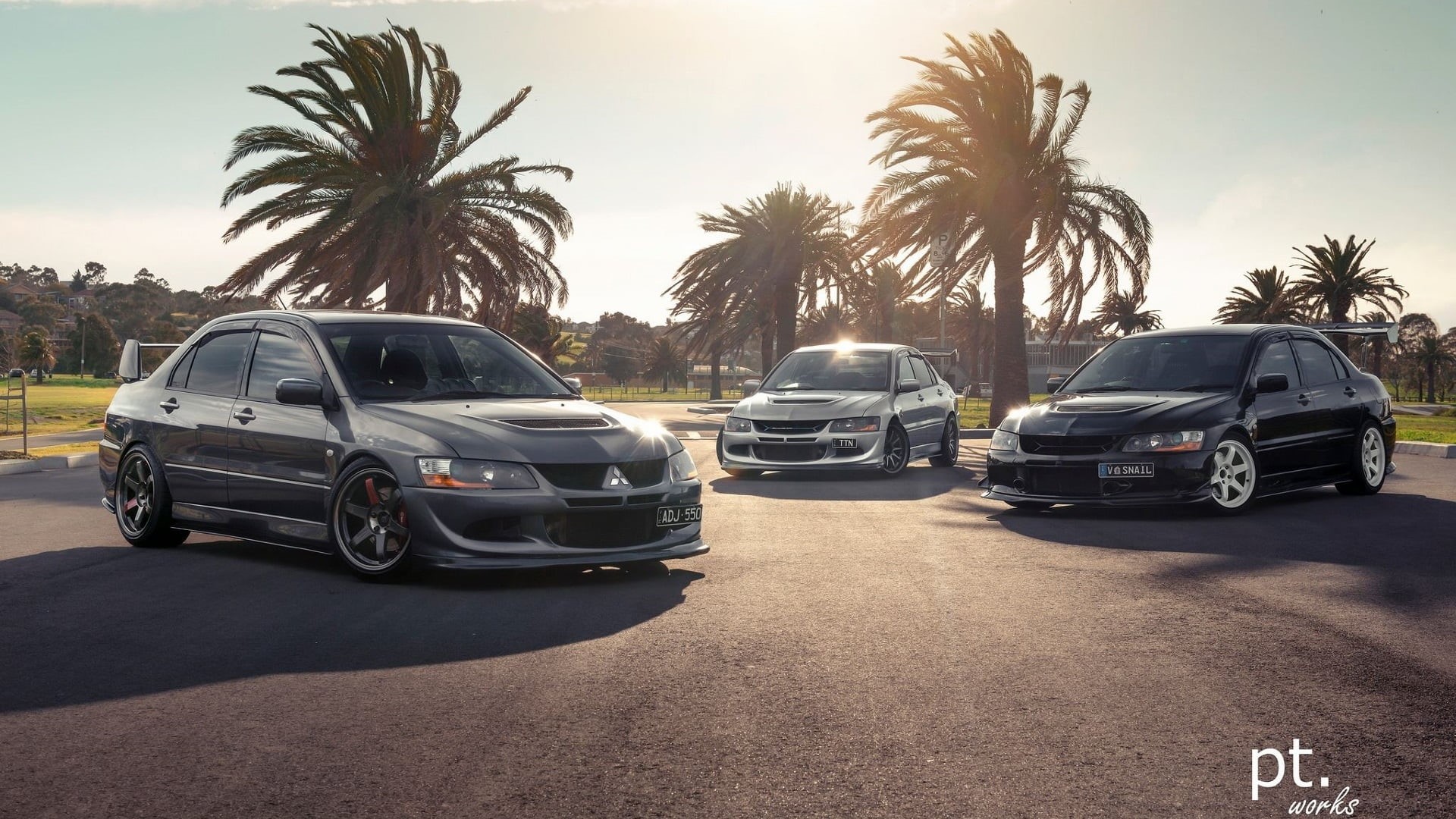 Mitsubishi Evolution, Mitsubishi, Japanese cars, vehicle, Mitsubishi Lancer EVO, car, palm trees, sports car, trees, 1080P, JDM, HD Wallpaper