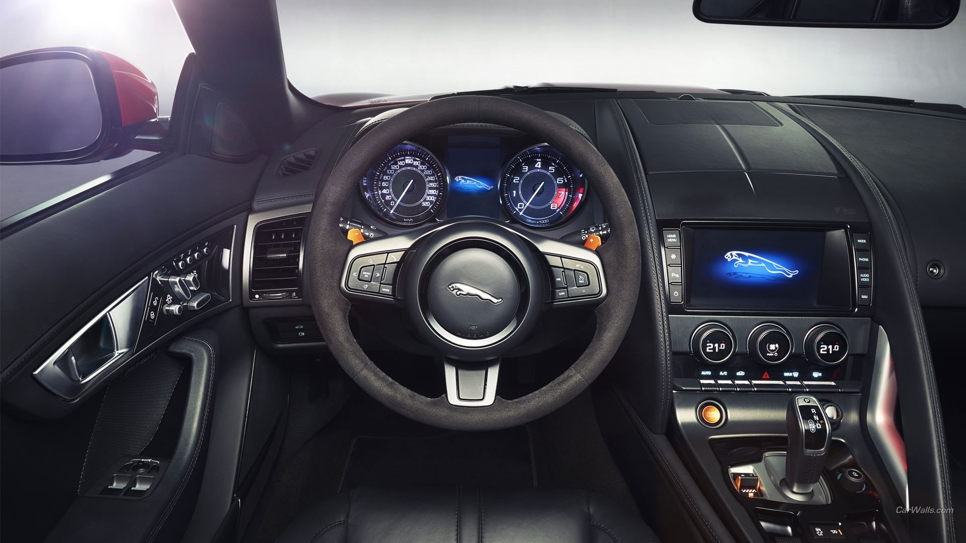 Jaguar F-Type, Jaguar (car), steering wheel, dashboard, indoors, silver, car interior, car, vehicle interior, push button, technology, 1080P, land vehicle, HD Wallpaper