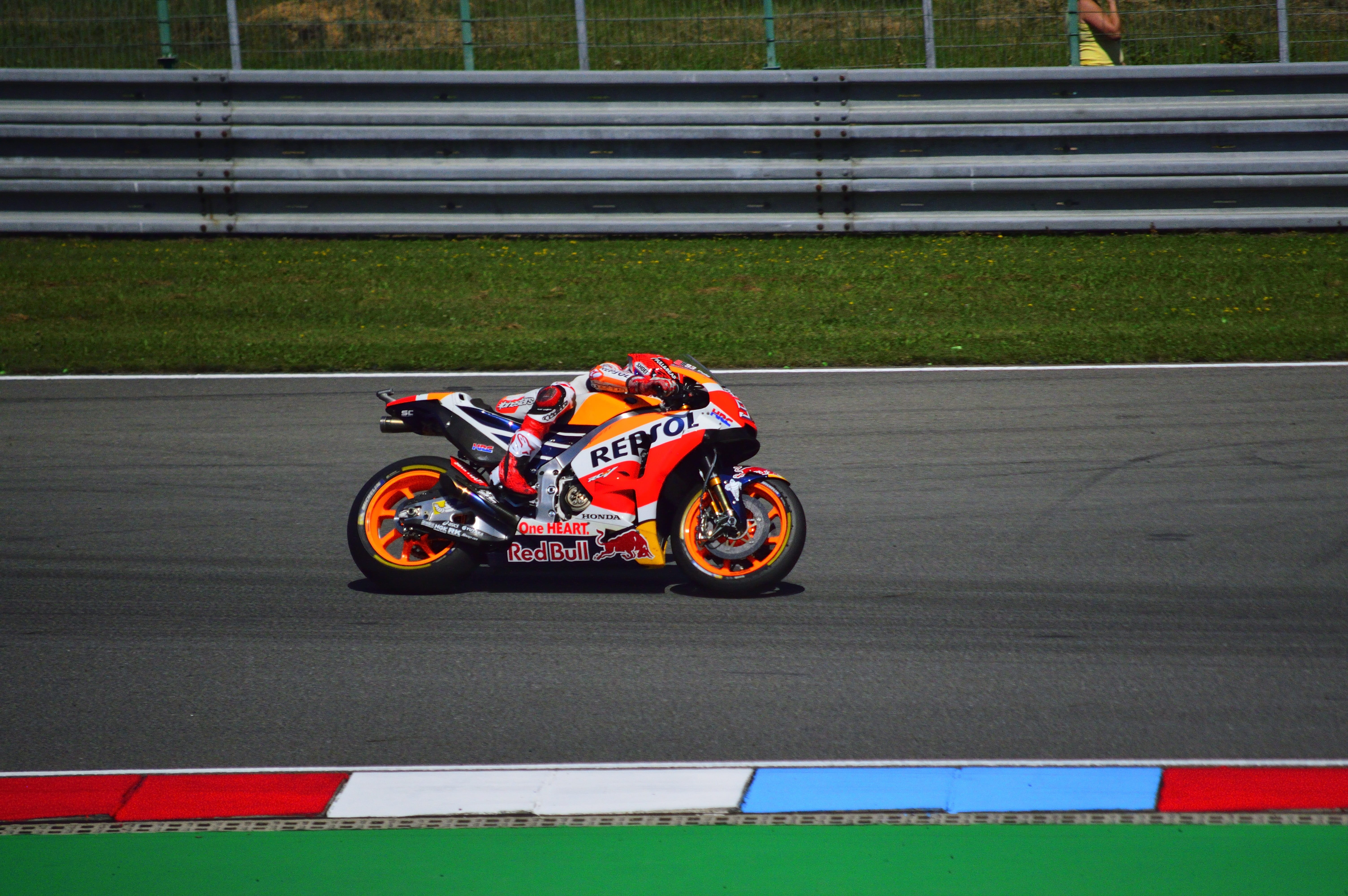 sports race, sports helmet, motogp, sports track, track and field, helmet, land vehicle, mode of transportation, road, motor racing track, speed, marc marquez, HD Wallpaper