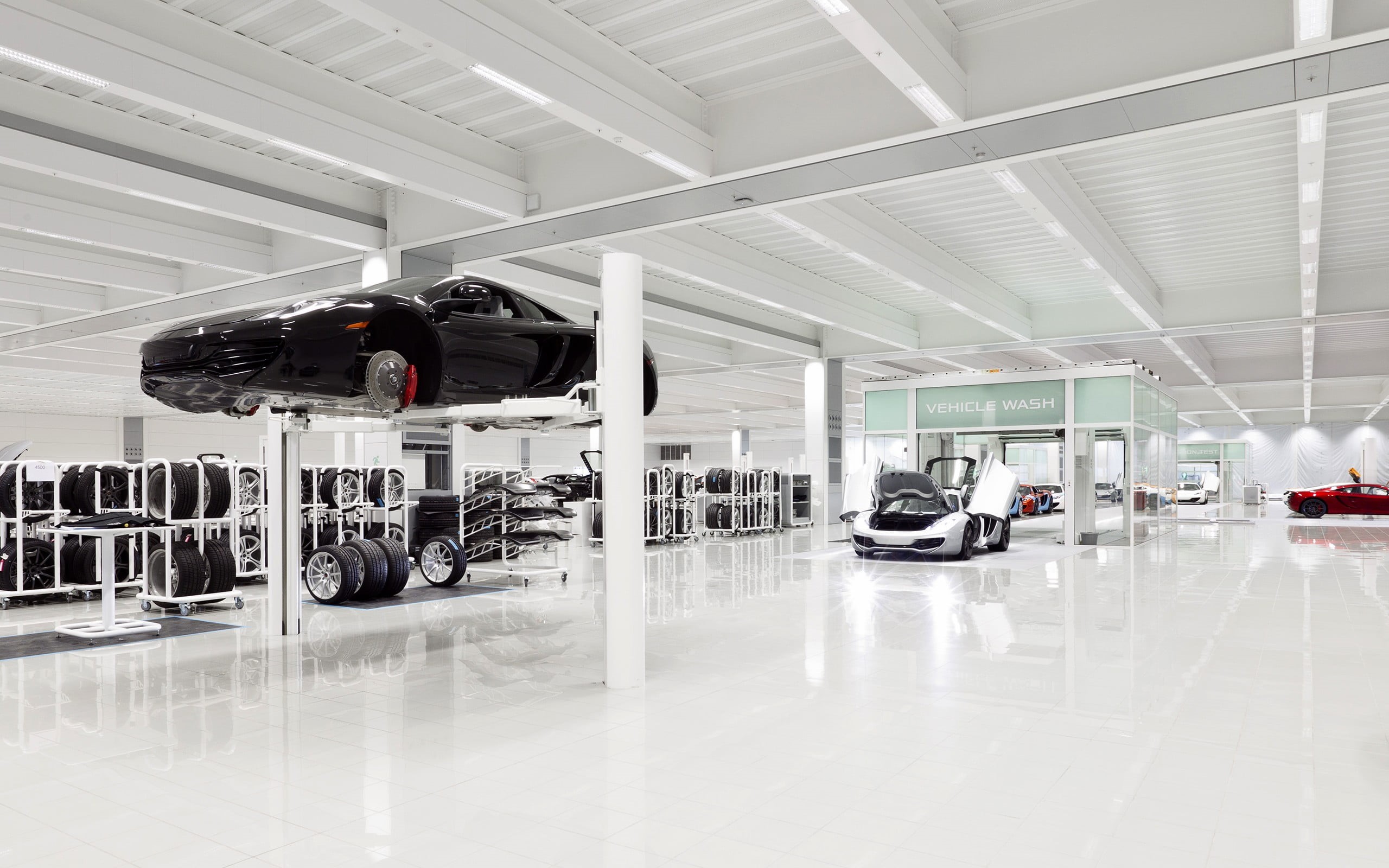 modern, indoors, car, flooring, McLaren MP4-12C, land vehicle, table, built structure, public transportation, architecture, reflection, transportation, HD Wallpaper