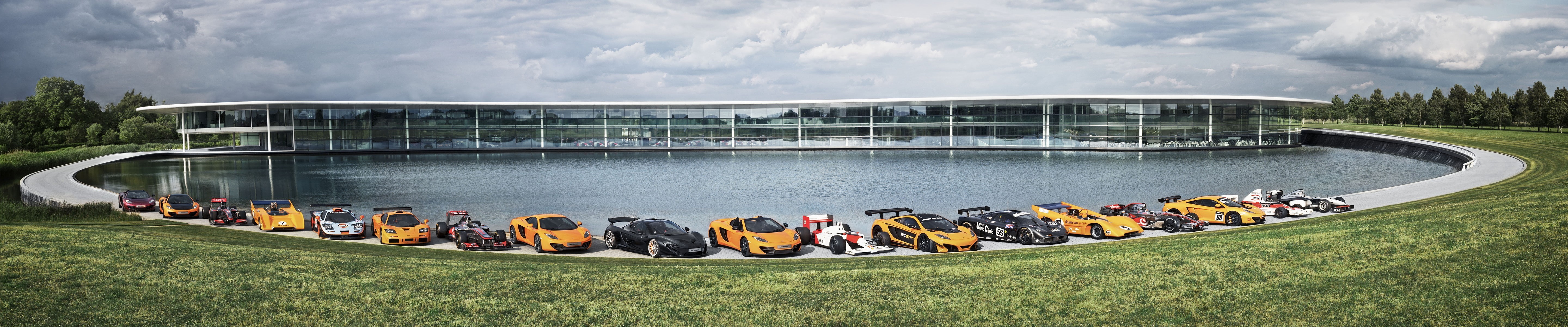 plant, group of people, cloud - sky, transportation, outdoors, competition, panoramic, mclaren technology centre car mclaren mp4 12c mclaren m1b mclaren f1 mclaren f1 gtr mclaren mp4 12c gt3 mclaren p1 mclaren formula 1 triple screen multiple display, HD Wallpaper