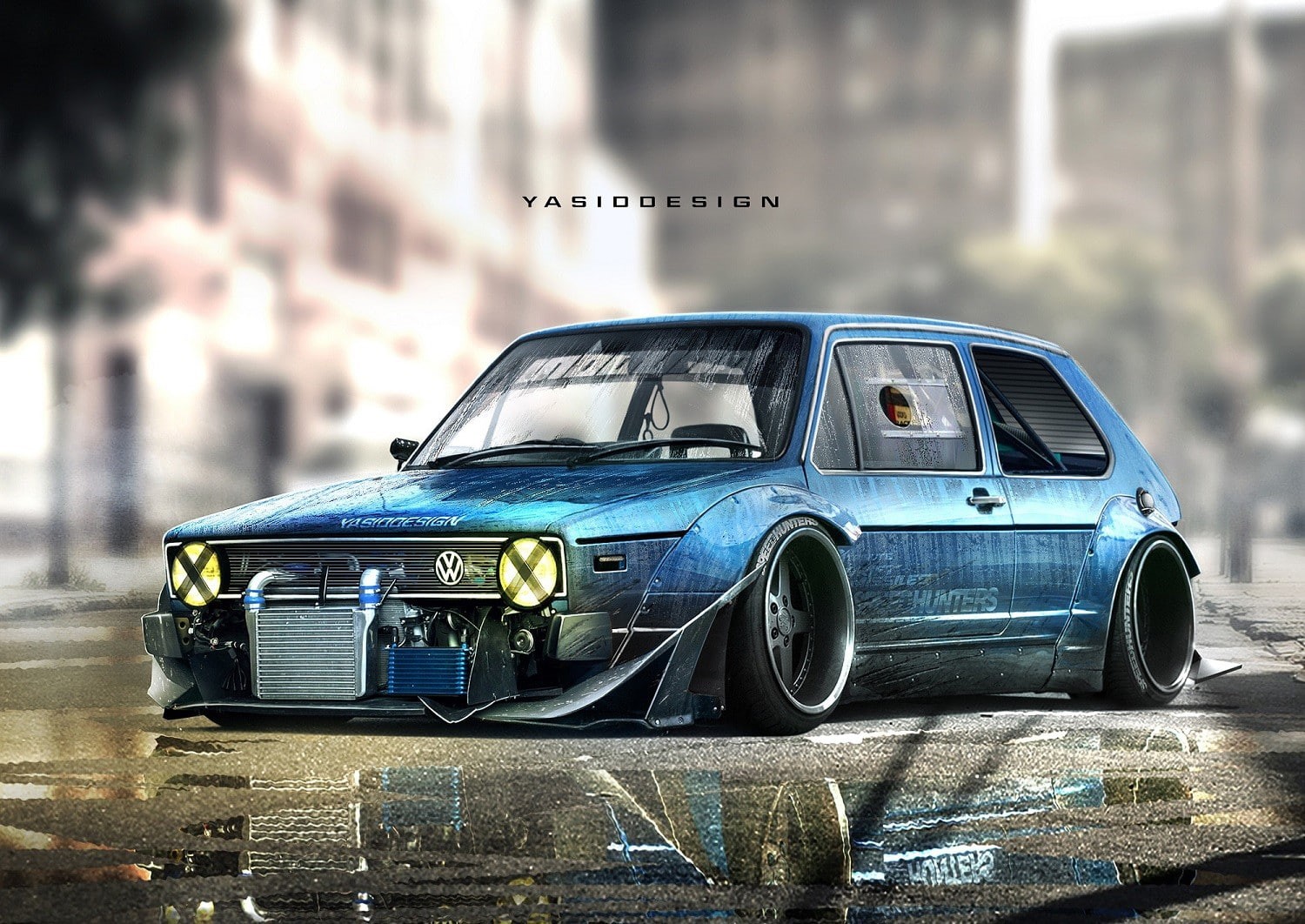 Yellow Headlights, Tuning, artwork, Volkswagen Golf, car, render, 720P, Volkswagen Golf Mk1, YASIDDESIGN, Taped Headlights, HD Wallpaper