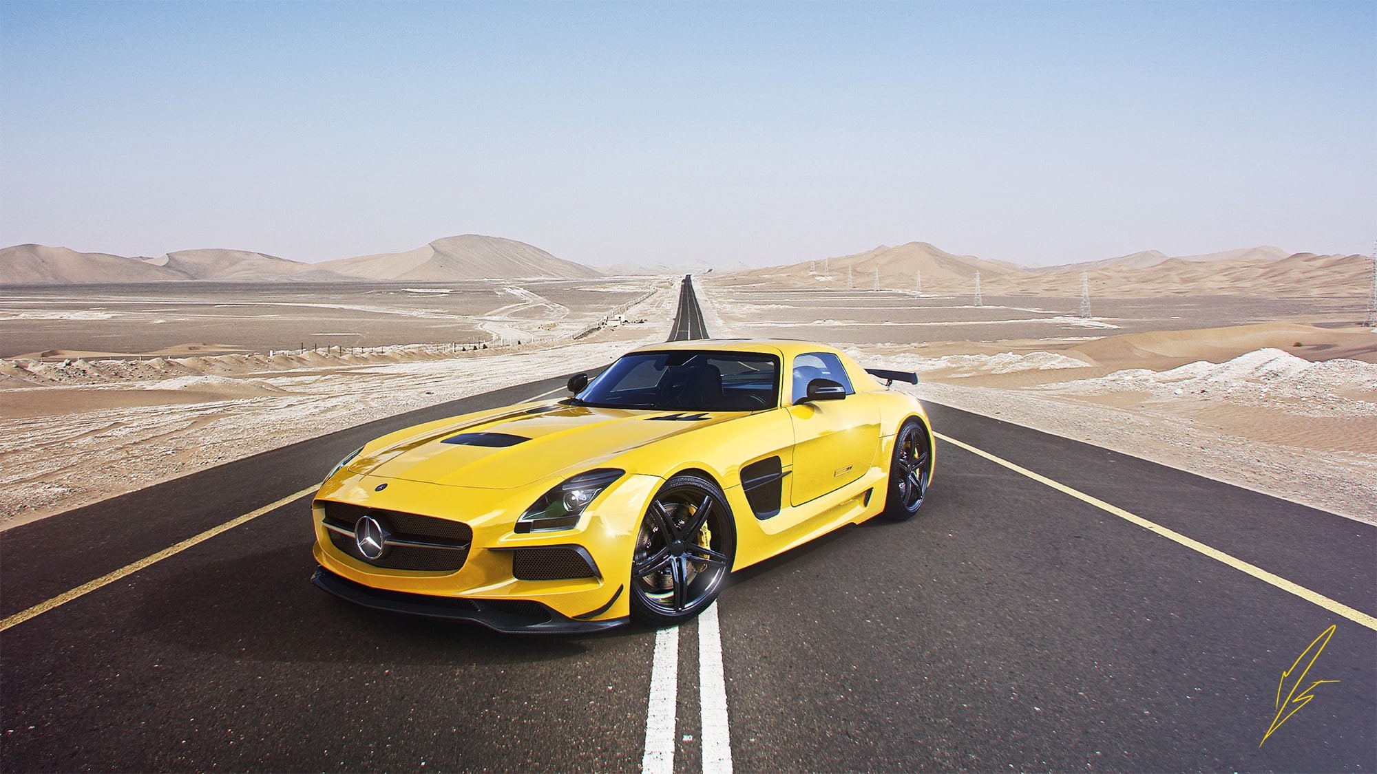 coupe, Black Edition, sls, road, Mercedes-Benz, 1080P, Supercar, desert, mercedes, yellow, sky, benz, AMG, HD Wallpaper