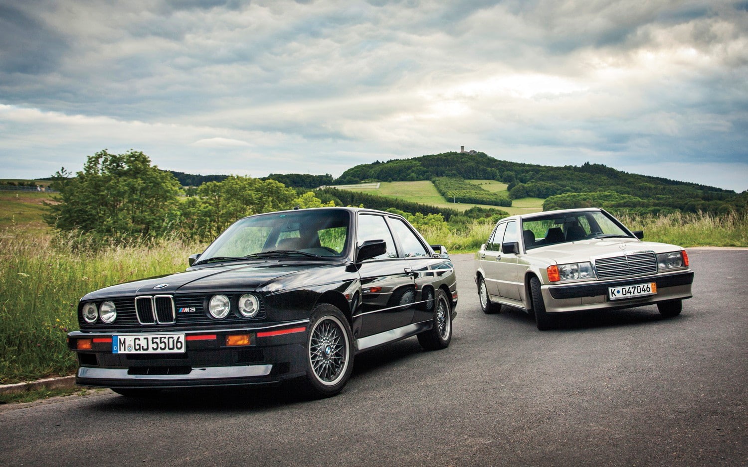 road, no people, bmw e30 car mercedes benz 190e bmw m3 e30, auto racing, nature, car, day, racecar, sky, tree, environment, cloud - sky, transportation, HD Wallpaper