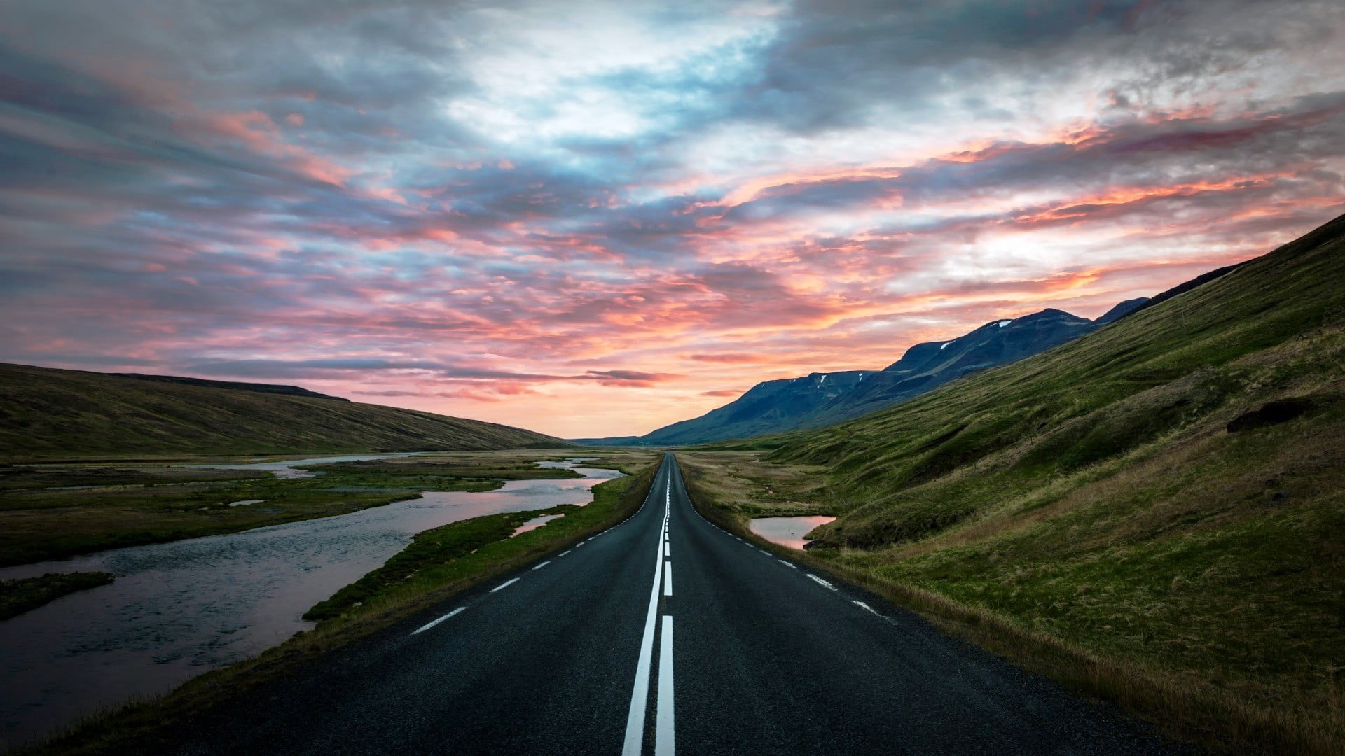 cloud - sky, the way forward, road marking, transportation, scenics - nature, sunset, Iceland, no people, nature, road, symbol, diminishing perspective, HD Wallpaper