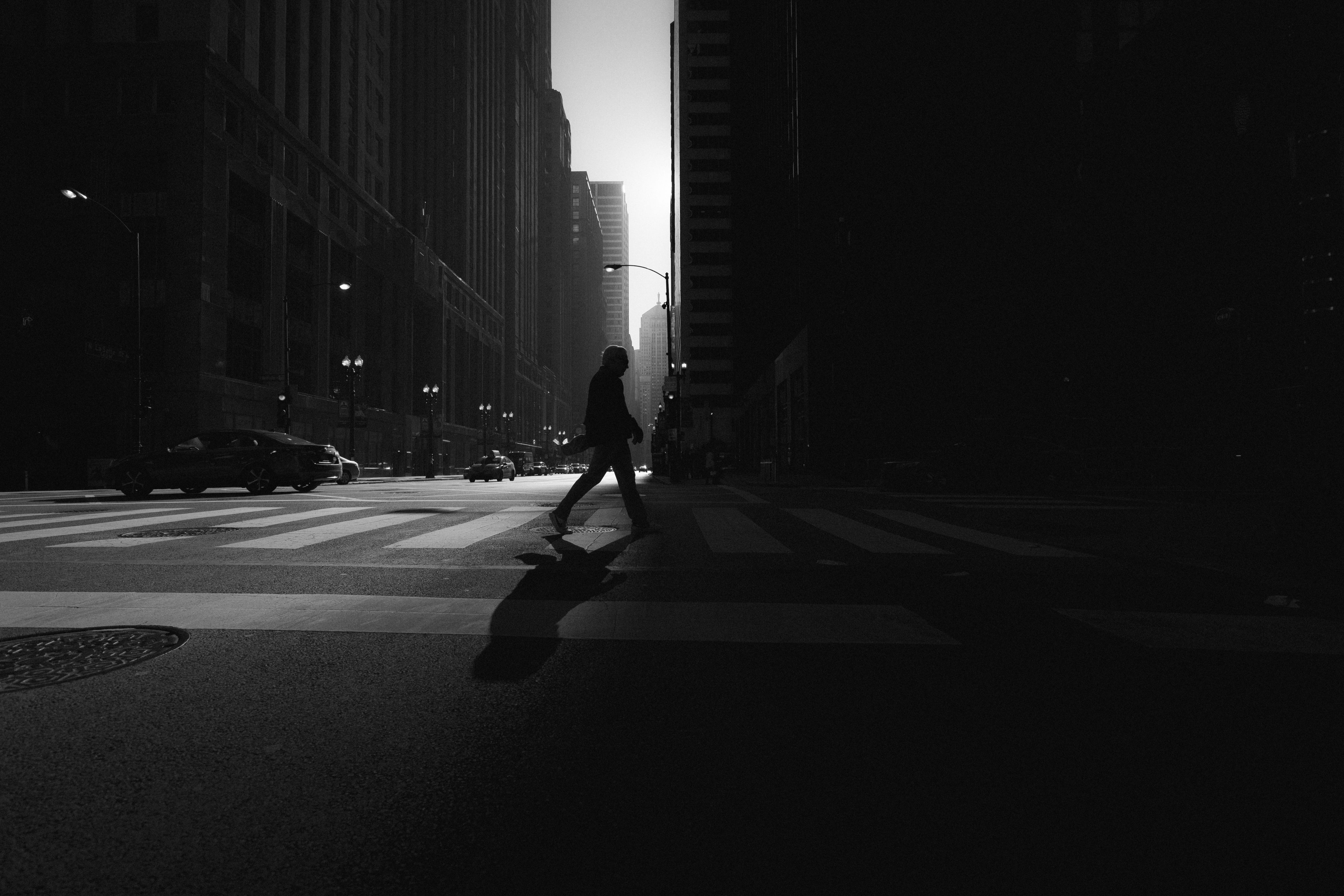 cars, walking, sunlight, pedestrian lane, real people, full length, cityscape, day, dark, road marking, black-and-white, photo, silhouette, urban, 5K, HD Wallpaper