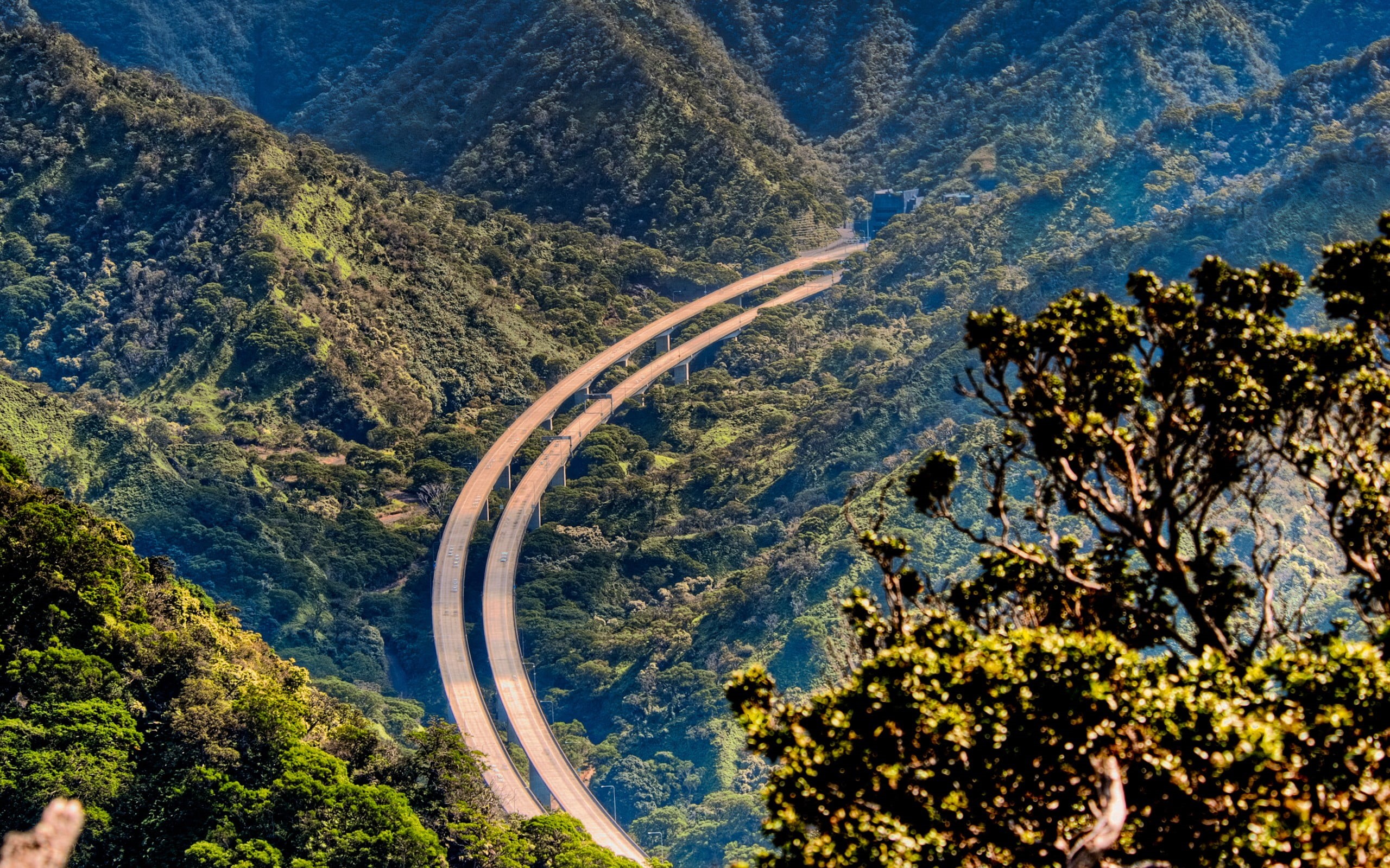 mountain, outdoors, sunlight, highway, landscape, transportation, day, tranquil scene, two, roads, nature, high angle view, environment, growth, 2K, tranquility, HD Wallpaper