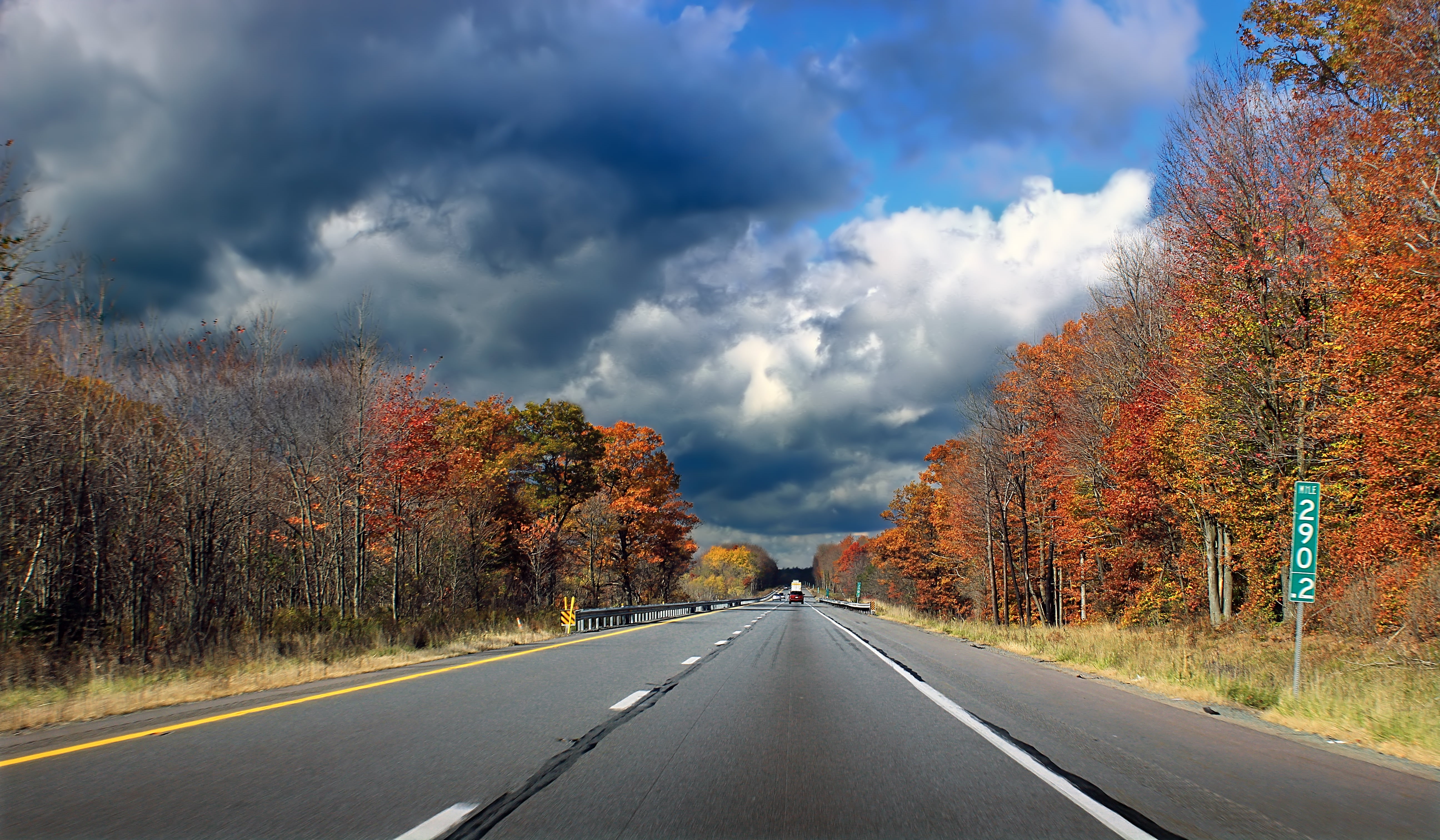 forest, Pennsylvania, cloudy, white, Monroe County, asphalt, Westbound, nature, leaf, road, blue, autumn, creative commons, I-80, clouds, Poconos, highway, HD Wallpaper