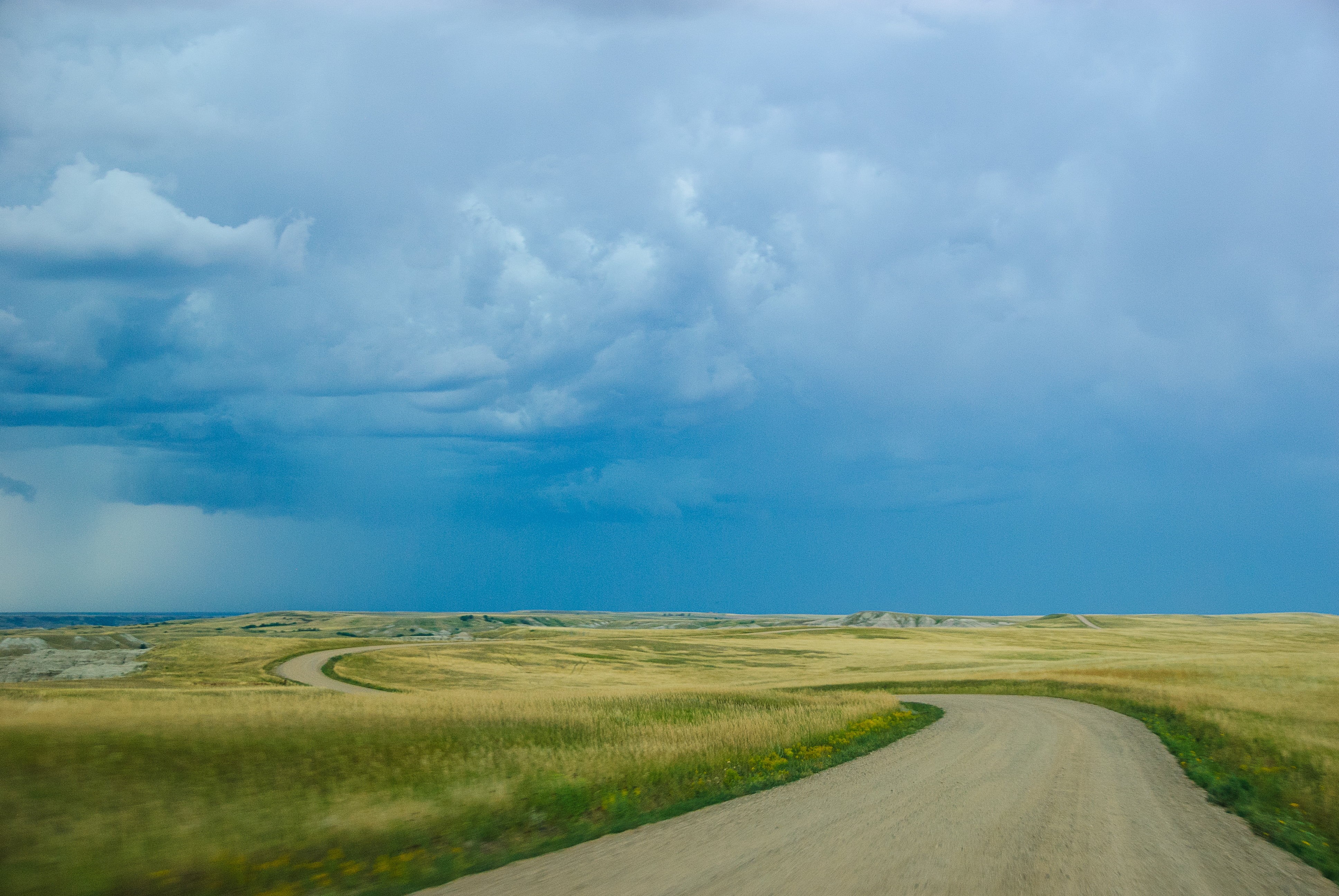rural Scene, blue sky, road, scenics, green grass, green, photography, nature, blue, 4K, field, Thunderstorm, grass, cloud - Sky, surrounded, agriculture, HD Wallpaper