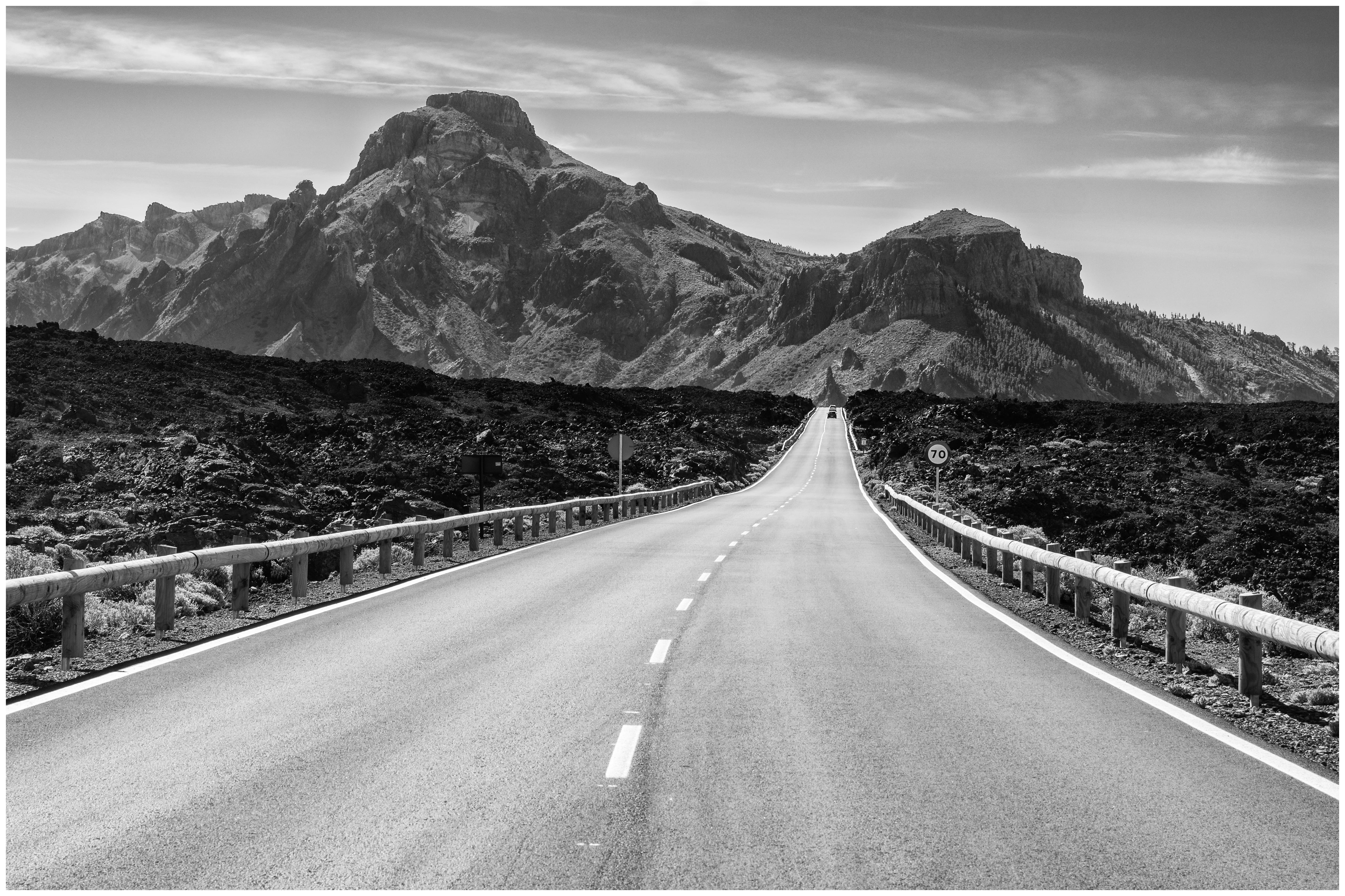 spain, black and white, cloud - sky, outdoors, no people, long, sign, way, daytime, mountain, marking, formation, highway, pico del teide, alps, mountain range, HD Wallpaper