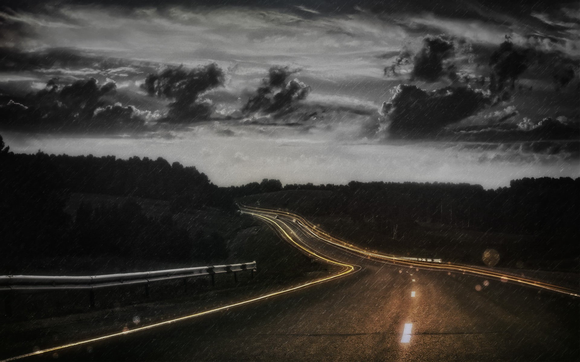 night, lights, highway, landscape, transportation, concrete, cloud - sky, plant, speed, illuminated, road marking, sky, outdoors, clouds, gray, rain, motion, HD Wallpaper