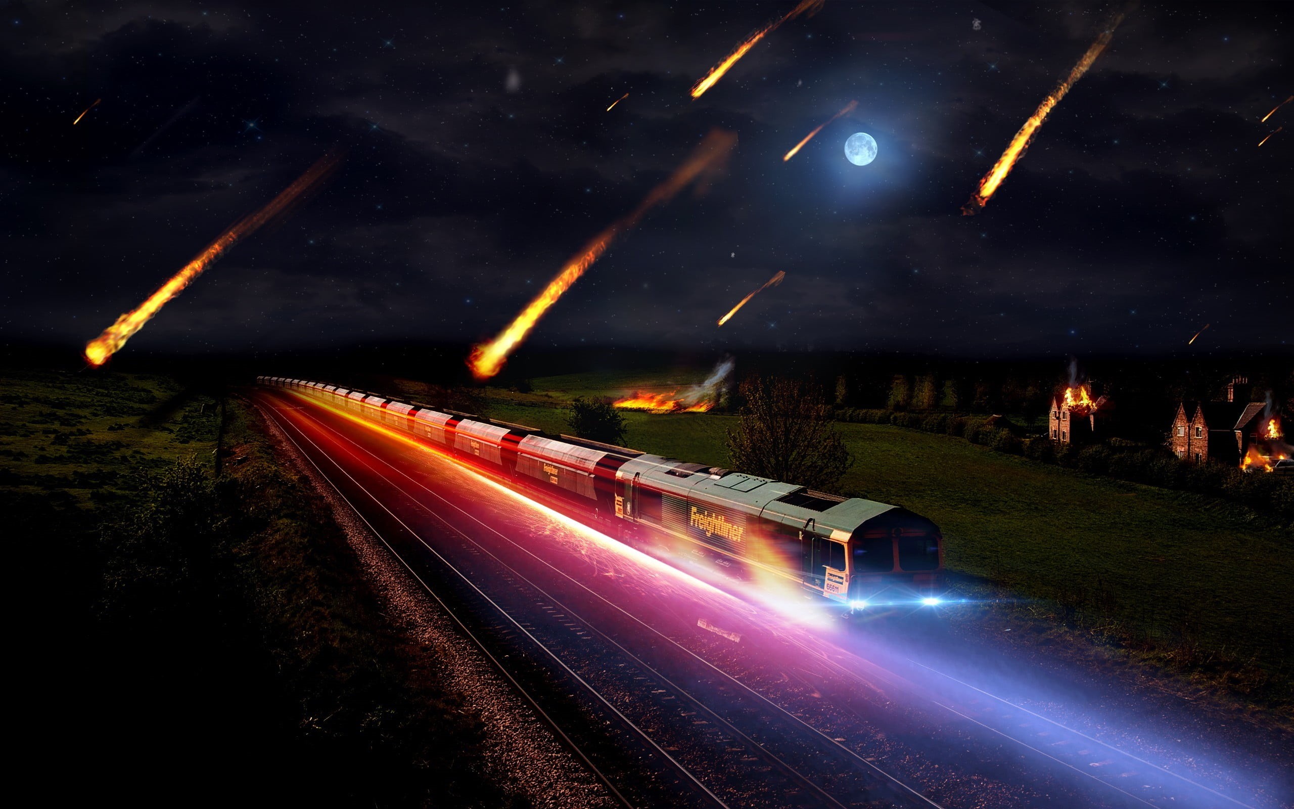 sky, transportation, tail, light trail, light, mode of transportation, moonlight, long exposure, nature, light - natural phenomenon, red, no people, illuminated, HD Wallpaper