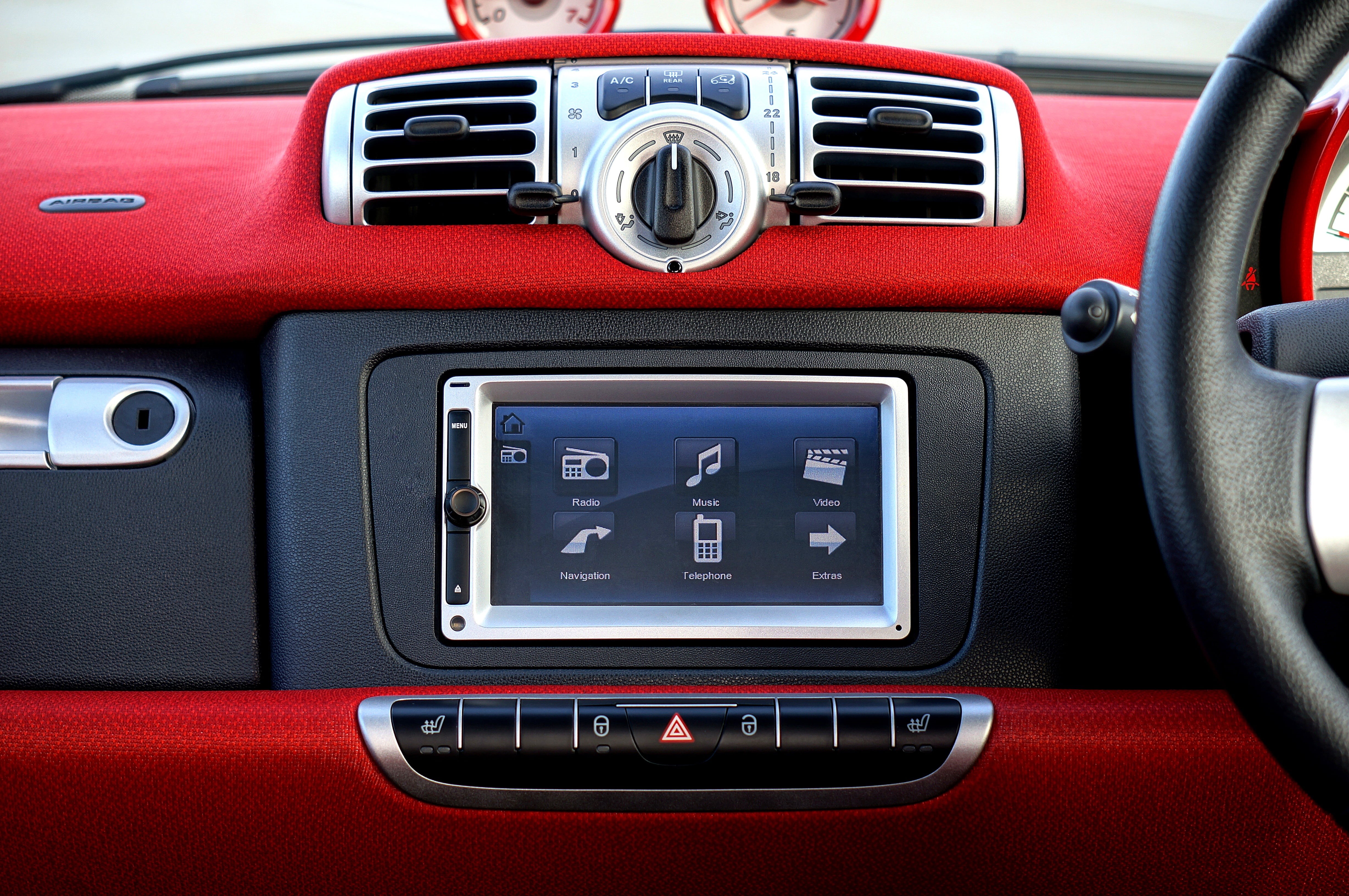 land vehicle, day, sat nav, design, window, interior, close-up, front view, cockpit, wheel, leather, control panel, equipment, fire engine, transportation, HD Wallpaper