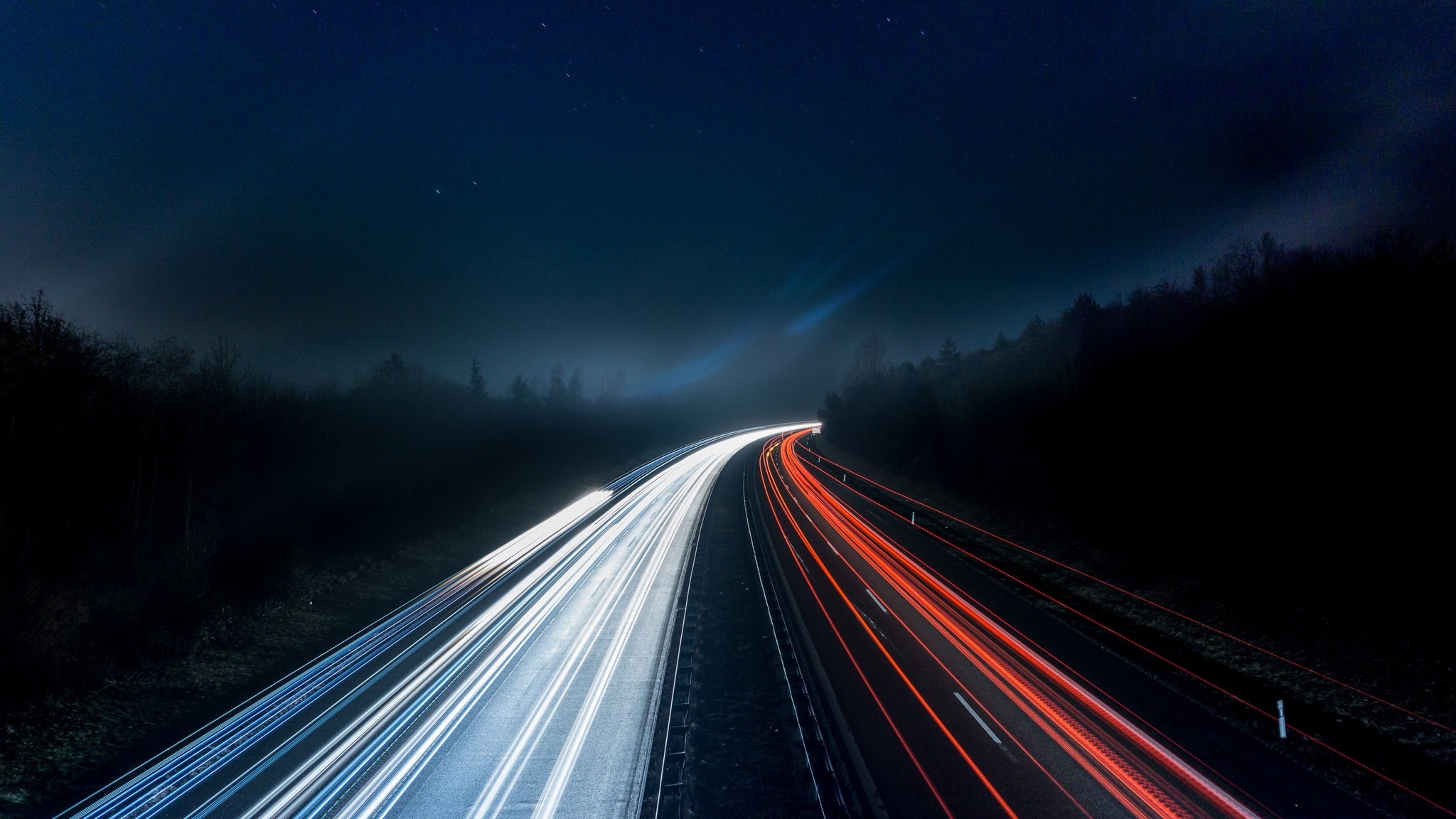 long exposure, 1080P, stars, night, highway, motion blur, white, dark, way, road, asphalt, forest, sky, lights, HD Wallpaper
