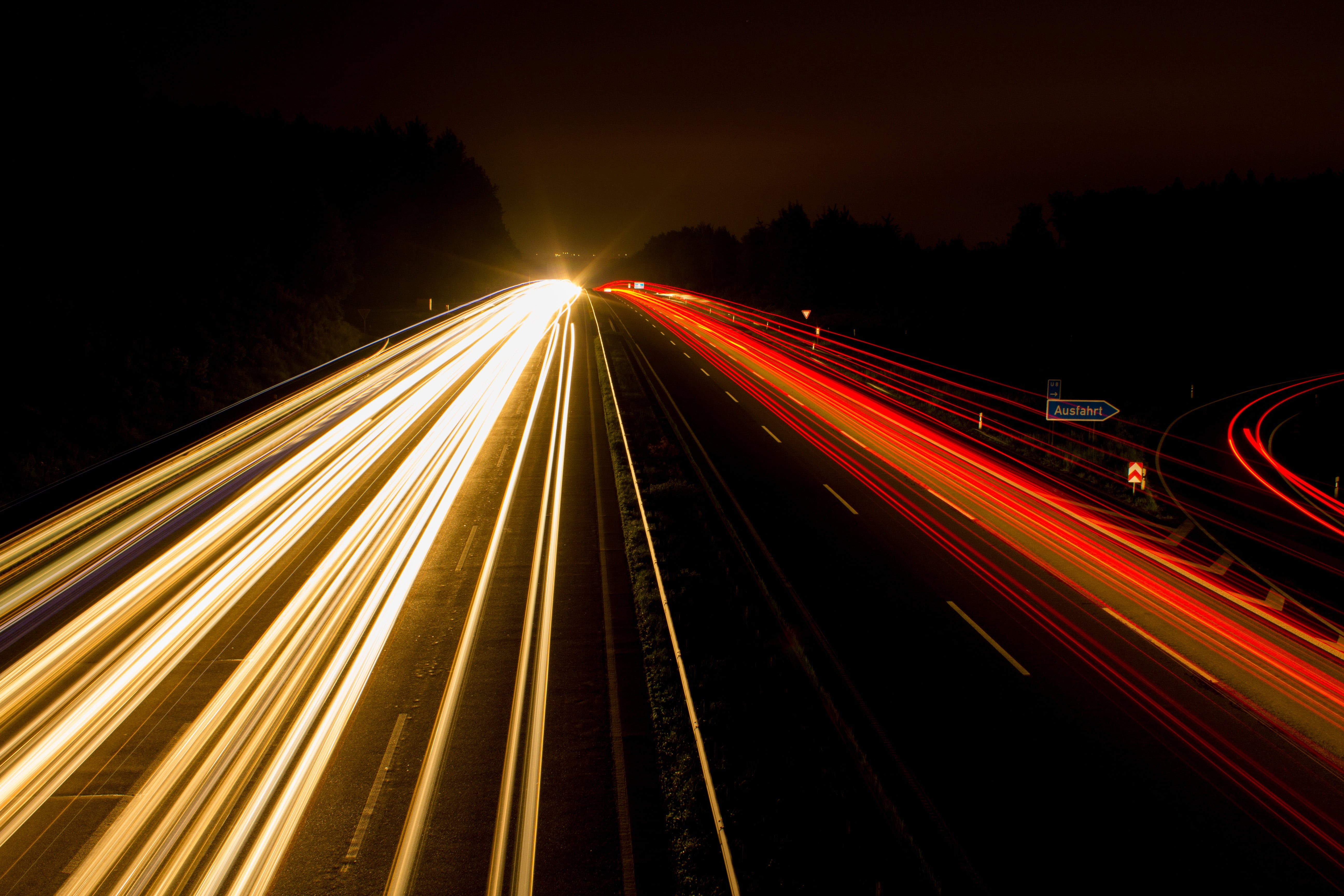 black, highway, car, 5K, direction, traffic, street, transport, urban Scene, the way forward, city, transportation, multiple Lane Highway, dark, light - natural phenomenon, HD Wallpaper