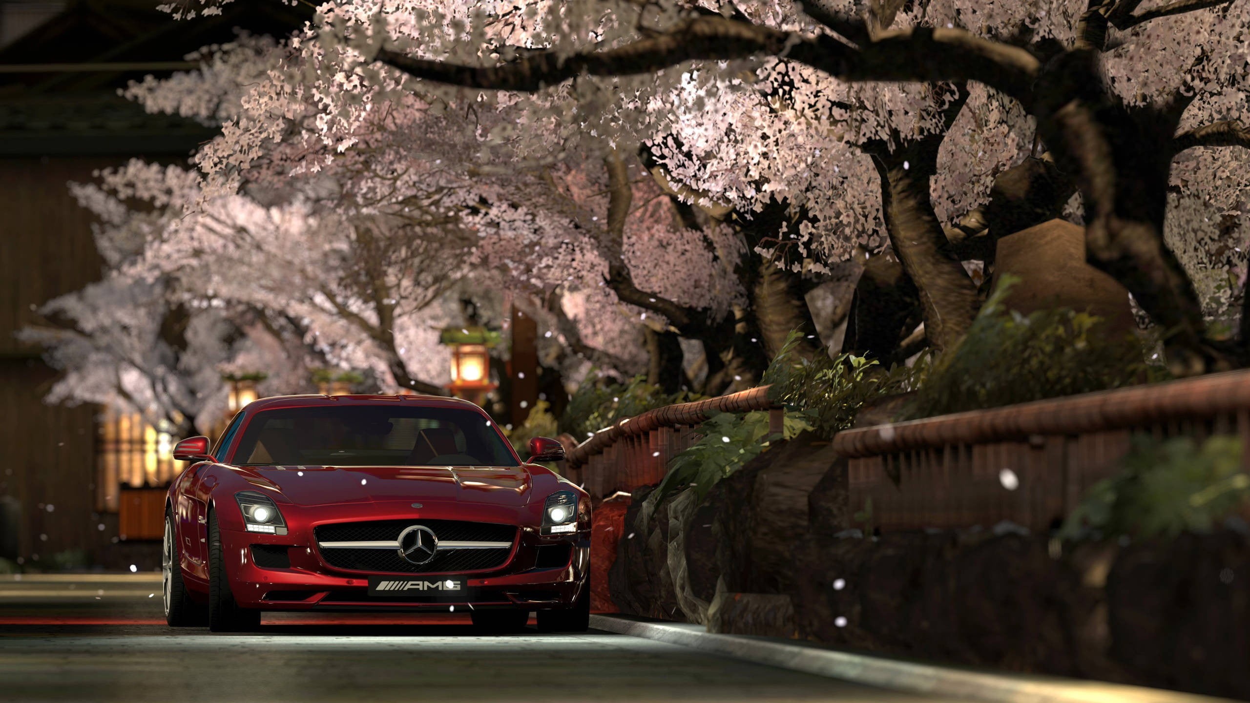 motor vehicle, travel, red, benz, car, no people, motion, nature, mode of transportation, Gran Turismo 5, illuminated, mercedes, flower, night, transportation, HD Wallpaper