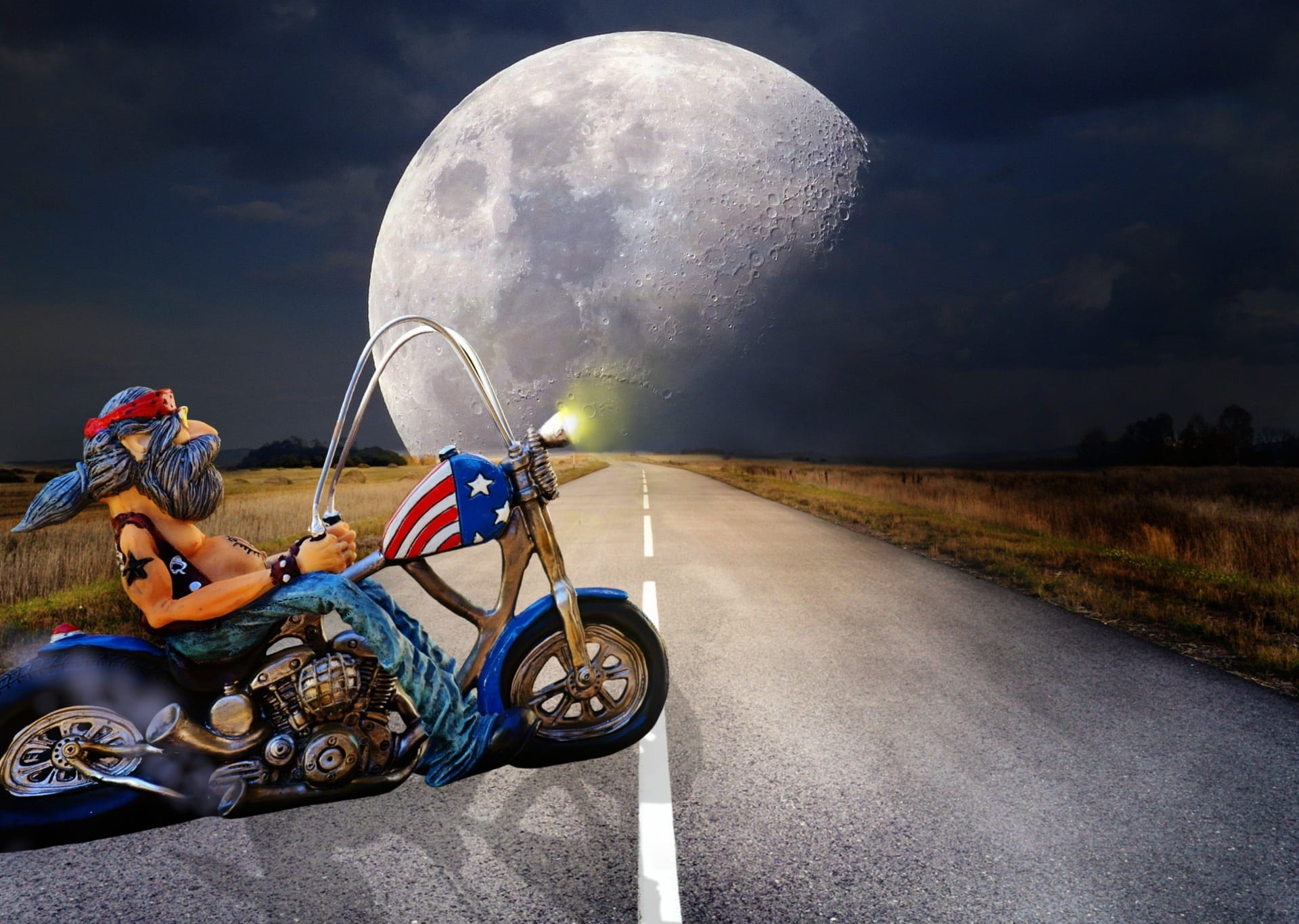 cult, biker, crash helmet, funny, tattooed, night, moon craters, hobby, riding, motorcycling, road, riding a motorcycle, man, creation, transportation, HD Wallpaper