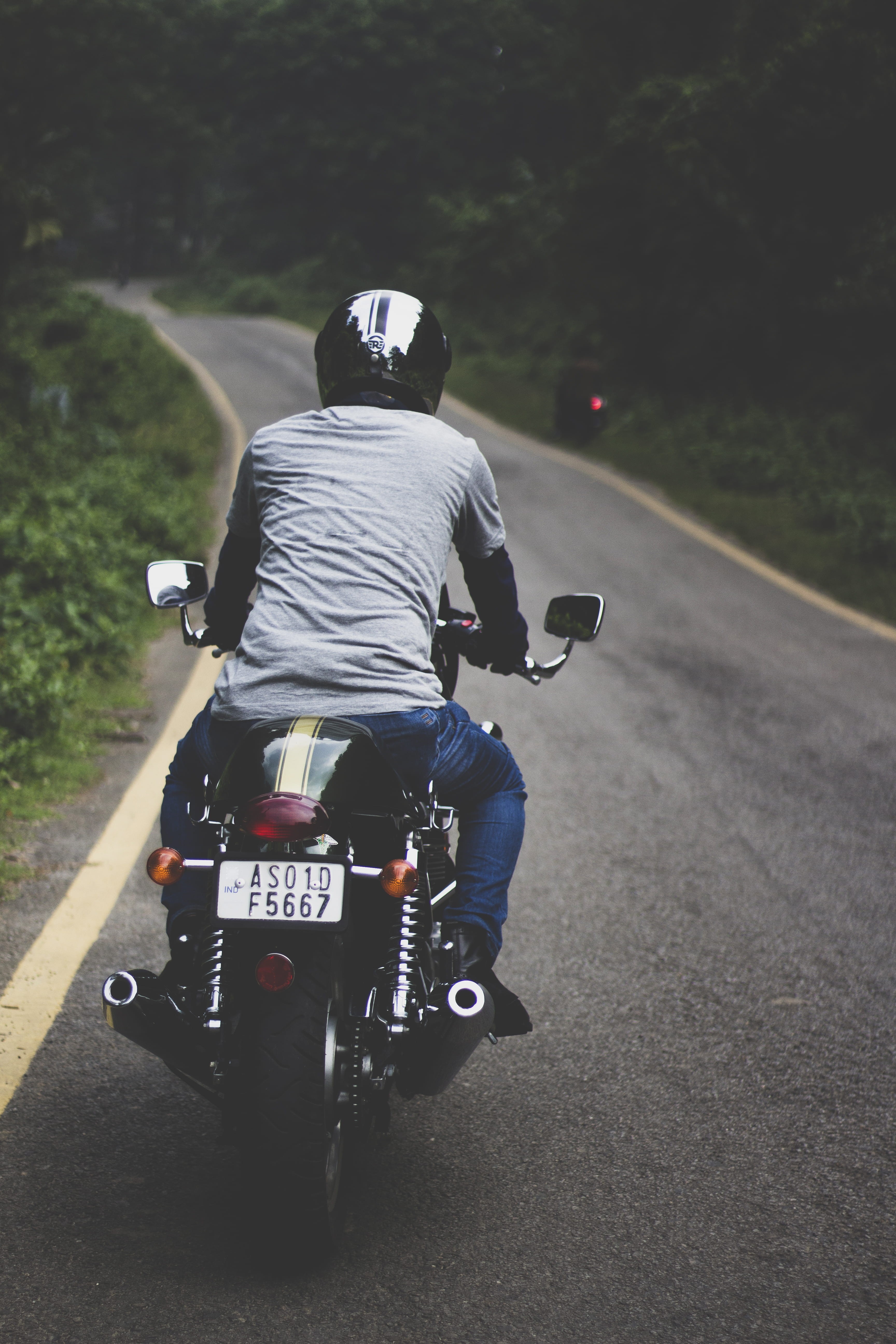 person, motor, road, asphalt, photo, casual clothing, customized, transportation system, travel, 5K, motorcycle, motorbike, one person, rear view, day, Phone HD Wallpaper