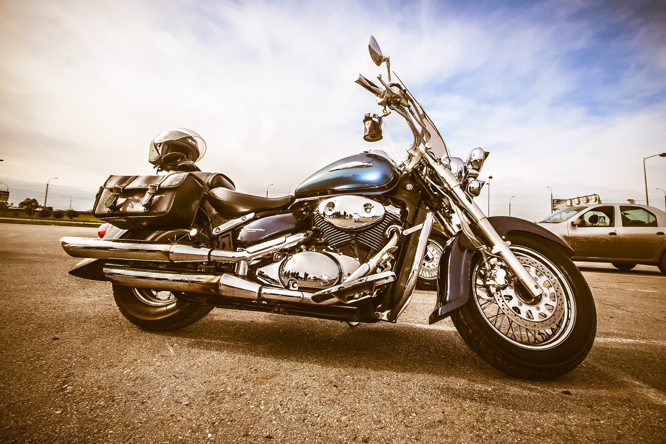 1080P, transport, harley davidson, bike, road, sky, chrome, sports helmet, adult, photography, cloud - sky, road trip, focus, street, motorcycle racing, HD Wallpaper
