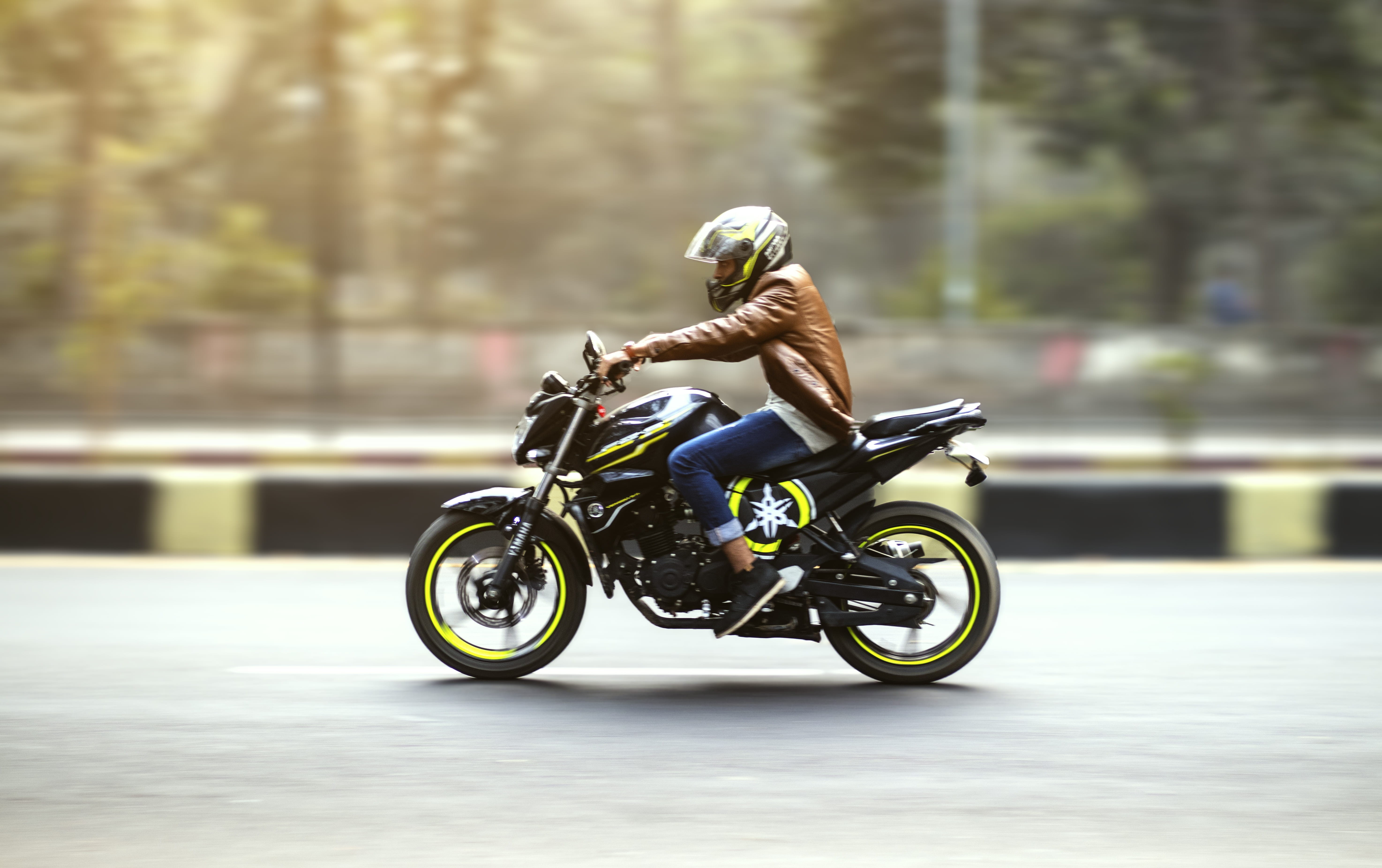 bike, travel, motorcycle, tree, movement, lifestyles, real people, man, side view, headwear, leather jacket, mode of transportation, motion, fashion, one person, HD Wallpaper