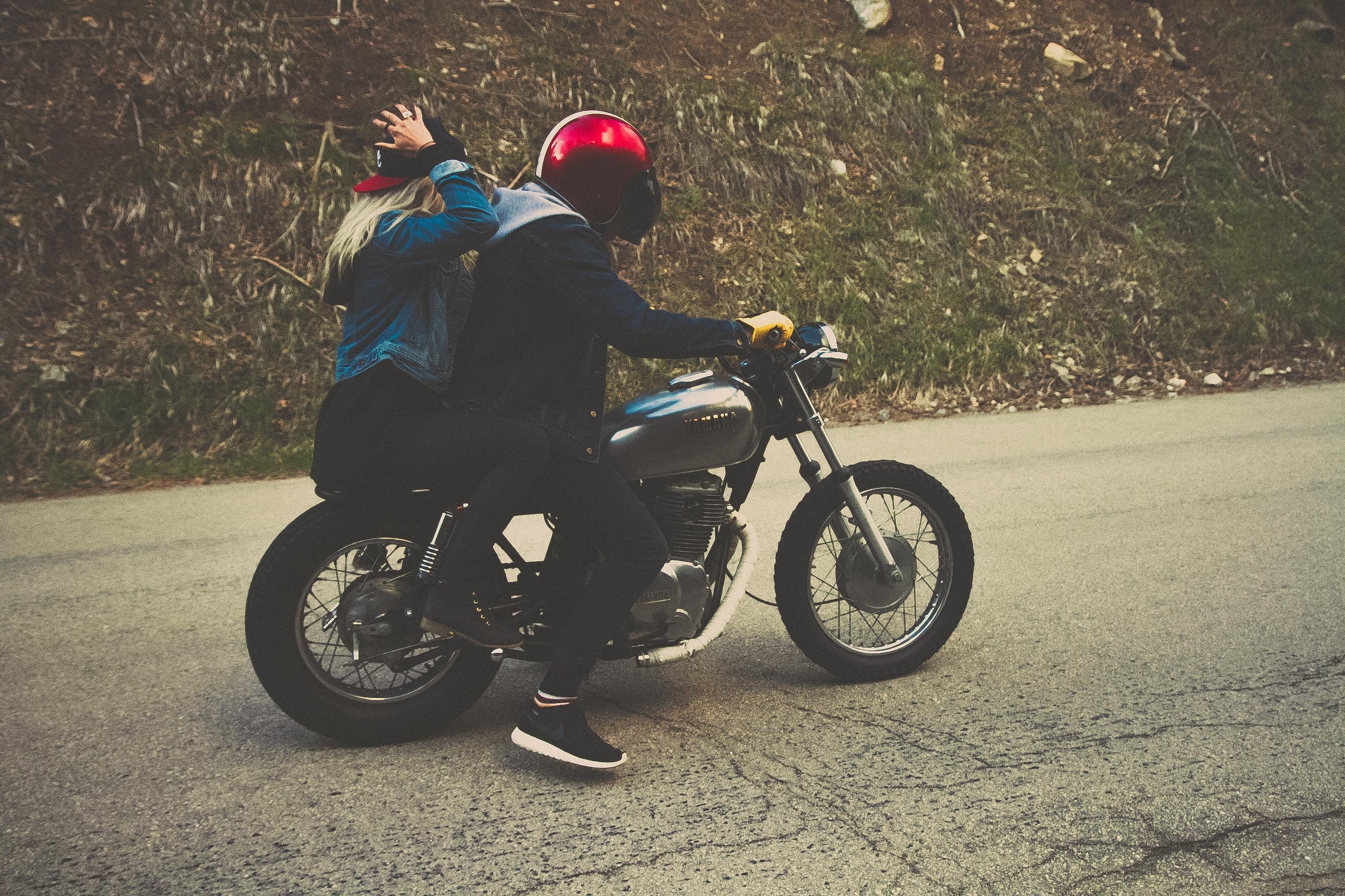 lifestyles, couple, headwear, motorcycle, young, riding, casual clothing, land vehicle, male, grass, two, helmet, man, real people, leisure activity, child, HD Wallpaper