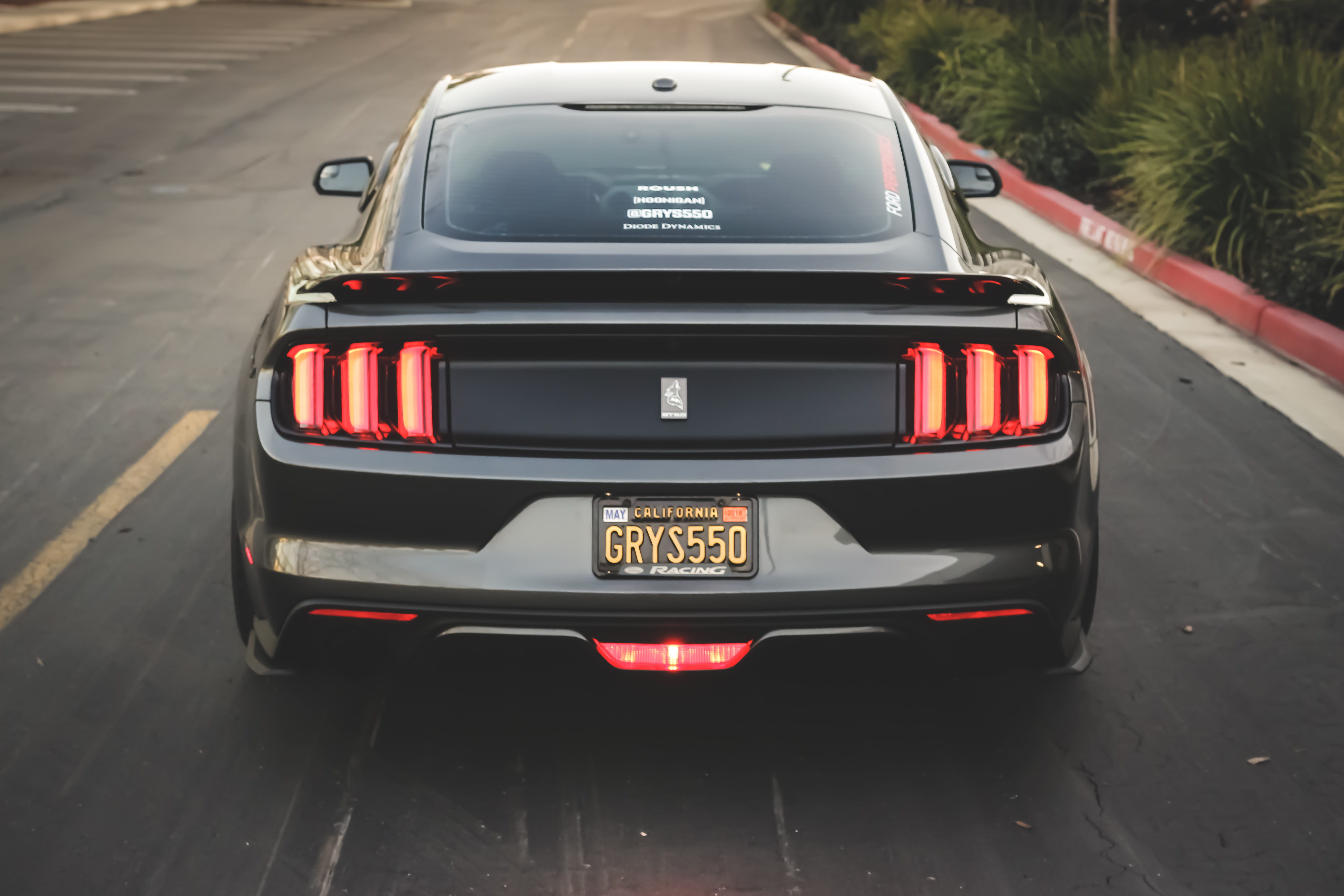architecture, garage, transportation, land vehicle, driving, muscle, text, retro styled, mustang, city, black car, street, travel, road, car light, detail, HD Wallpaper