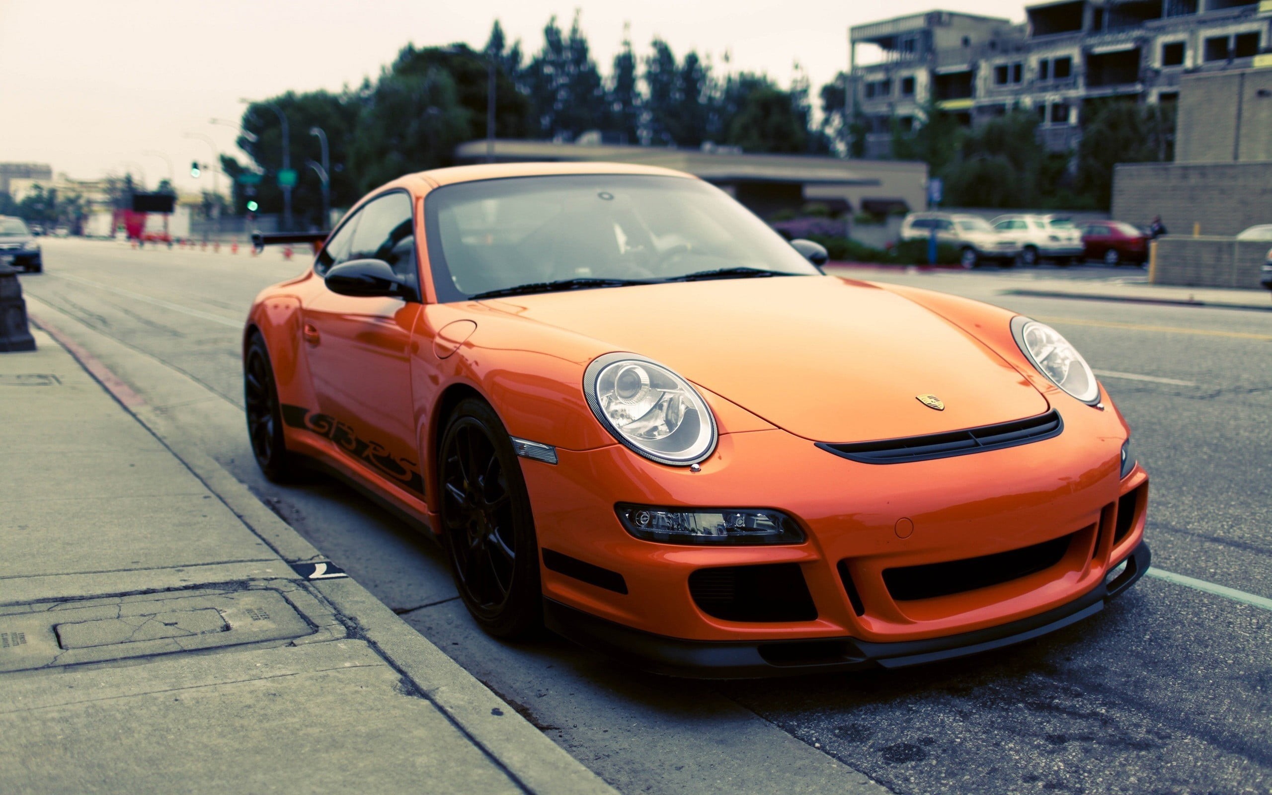 motor vehicle, Porsche 911 GT3 RS, focus on foreground, building exterior, vintage car, transportation, 2K, road, red, outdoors, land vehicle, orange cars, HD Wallpaper