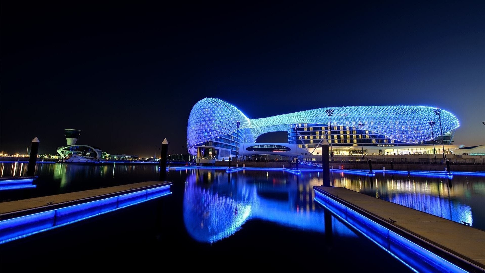 night, Abu Dhabi, 720P, photography, reflection, Race Tracks, Yas Marina Circuit, Lights, water, HD Wallpaper