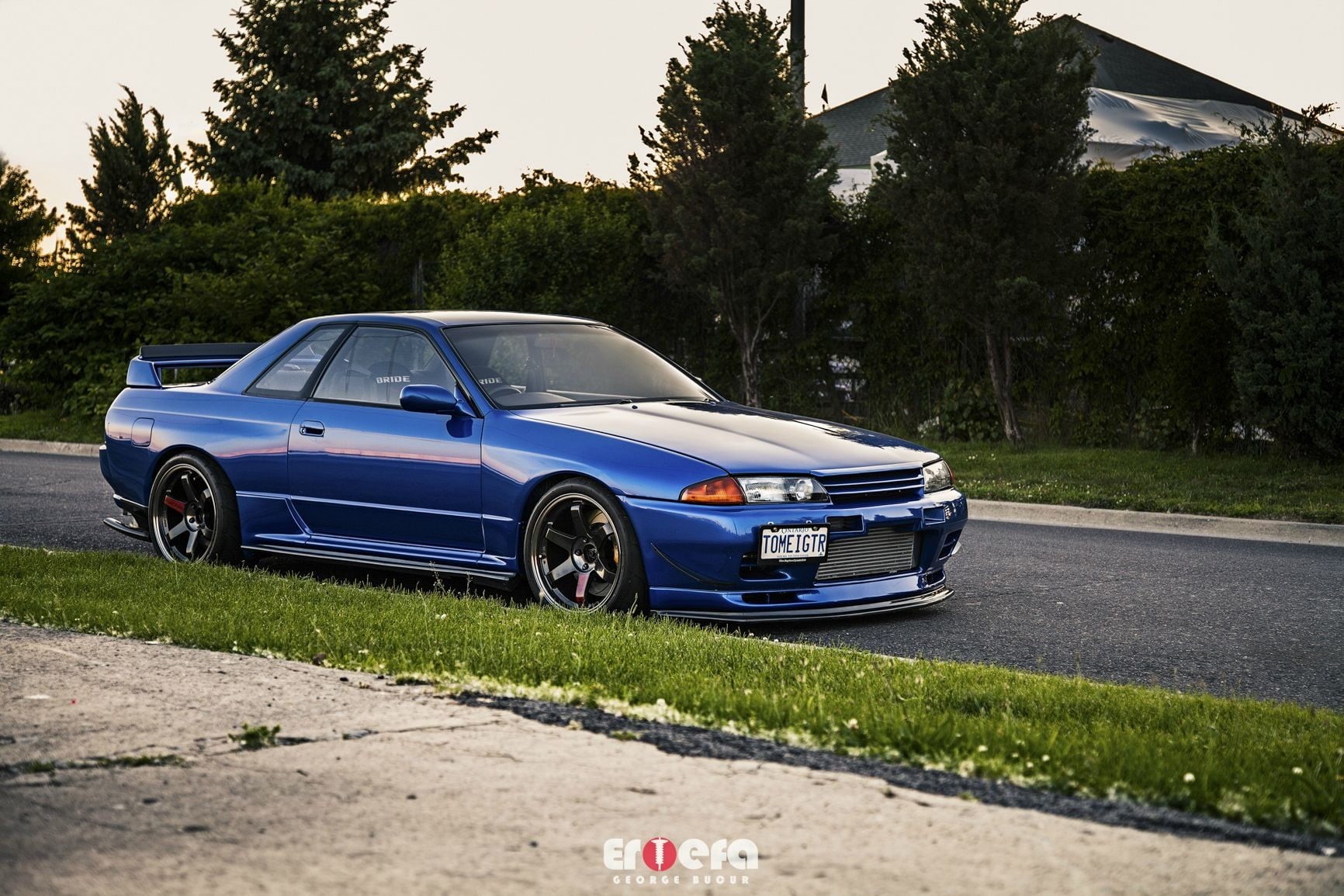road, car, land vehicle, sky, street, retro styled, Nissan, 720P, nature, blue, plant, mode of transportation, transportation, Nissan Skyline R32, no people, HD Wallpaper