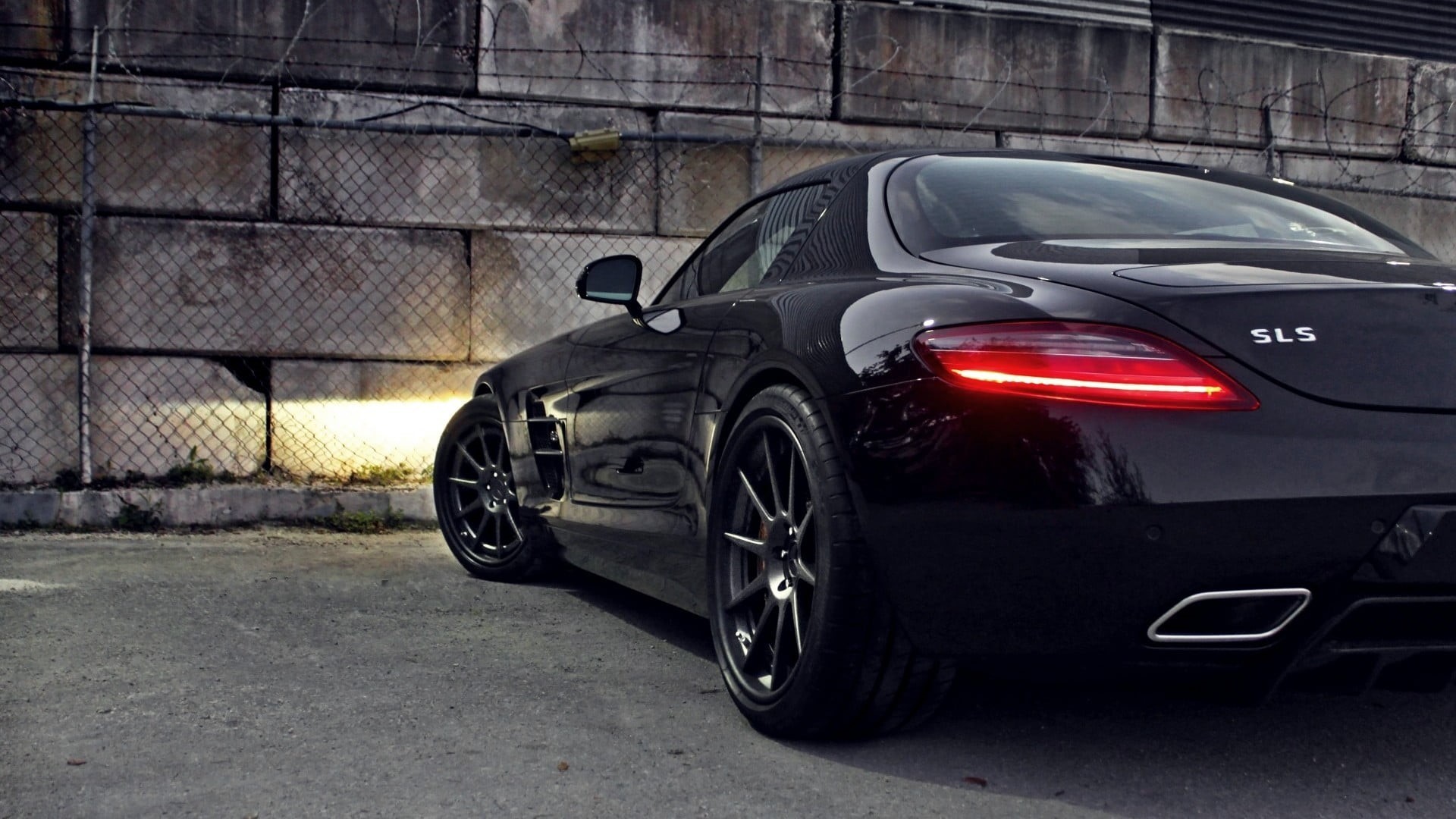 no people, car, garage, supercars, Mercedes-Benz, architecture, Mercedes SLS, transportation, stationary, wheel, illuminated, street, road, tire, black cars, HD Wallpaper