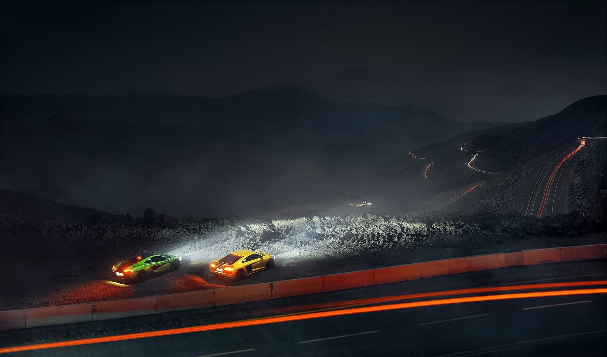 sports, yellow, mountain, illuminated, car, McLaren, night, blurred motion, cars, motion, on the move, transportation, supercars, highway, motor vehicle, HD Wallpaper