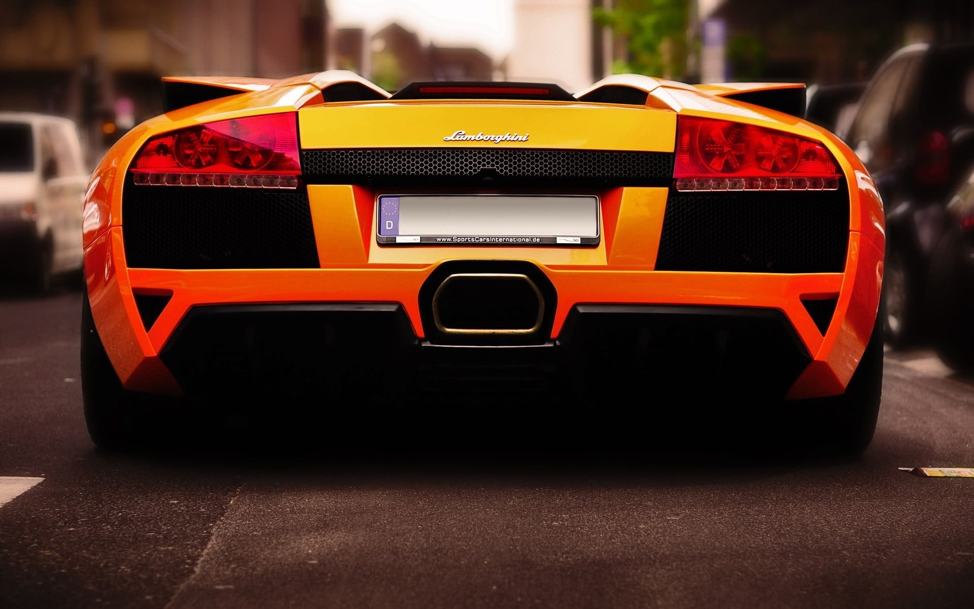 illuminated, taxi, stationary, city, orange, street, focus on foreground, murcielago, rear view, outdoors, Lamborghini, wheel, tail light, mode of transportation, HD Wallpaper