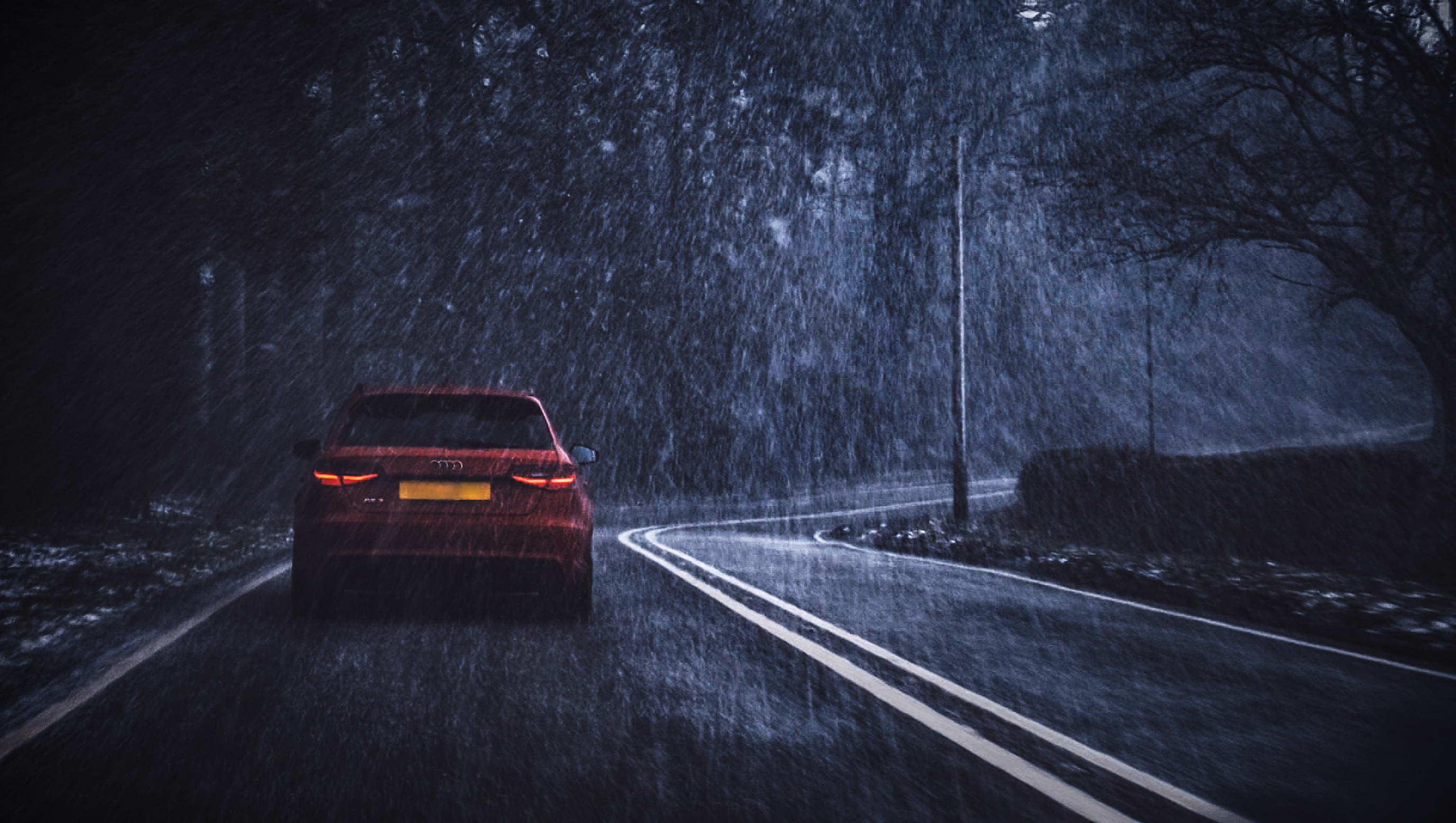 snowy, headlight, nature, red, artist, drive, forest, road trip, rain, car, road, blizzard, vlog, motor vehicle, cinematic, london, tail light, direction, HD Wallpaper