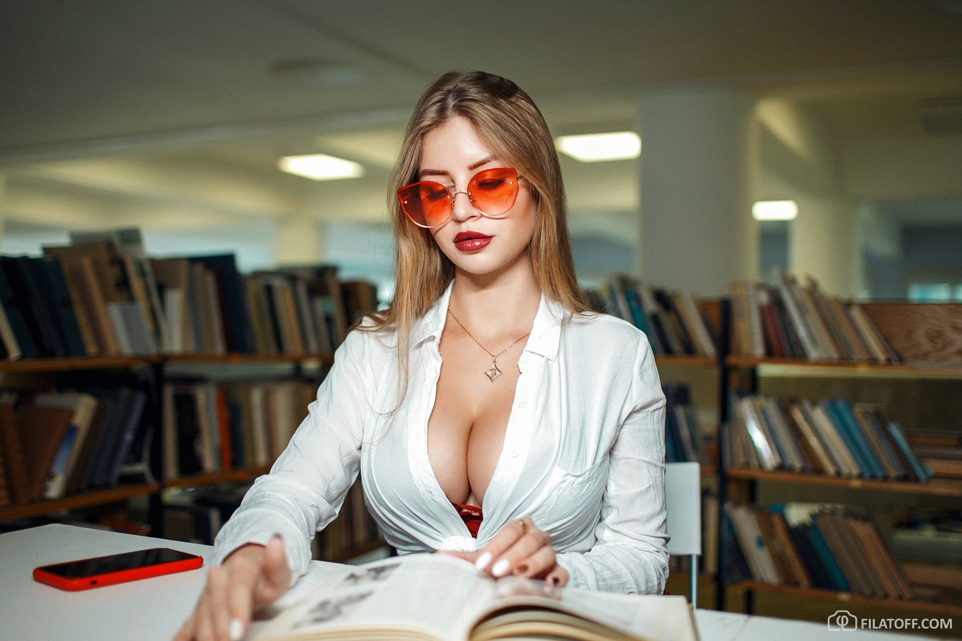 girl, 1080P, reader, chest, Dmitry Filatov, glasses, library, books, HD Wallpaper