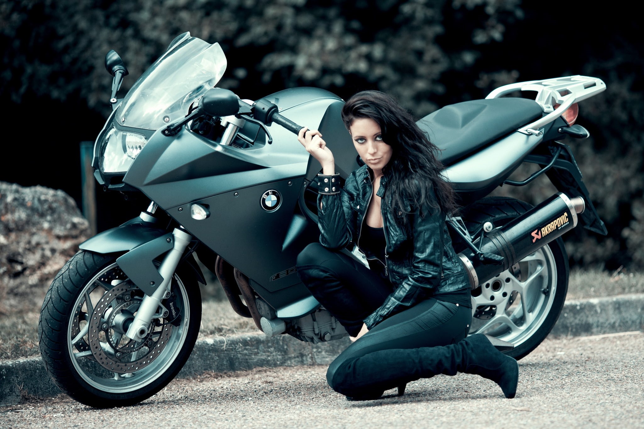 transportation, full length, portrait, motorcycle, leather, jacket, bmw, pose, females, fashion, girl, women, young adult, 1080P, adult, land vehicle, HD Wallpaper