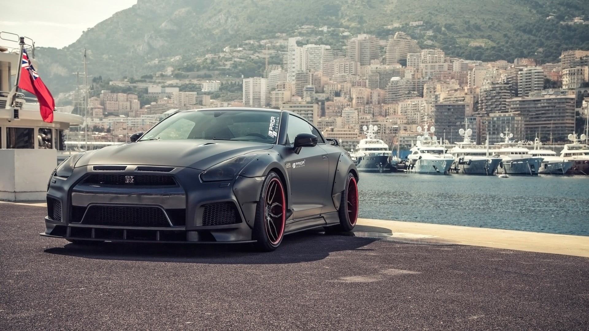 mode of transportation, transportation, water, land vehicle, Nissan GT-R R35, car, sports, motor vehicle, coupe, architecture, Monaco, day, outdoors, mountain, HD Wallpaper