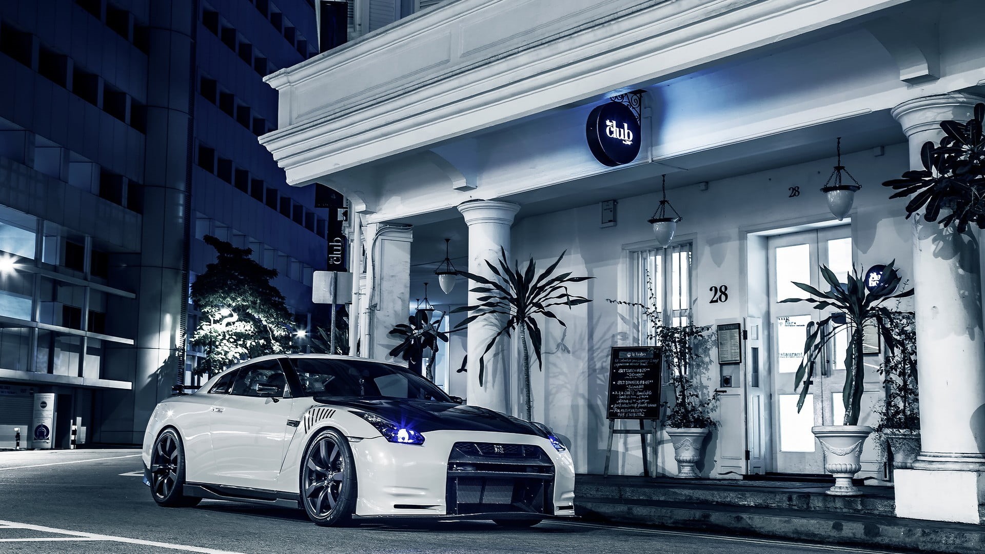 transportation, hatchback, garage, white, stationary, luxury, night, street, wealth, building exterior, 1080P, built structure, JDM, car, outdoors, motor vehicle, HD Wallpaper