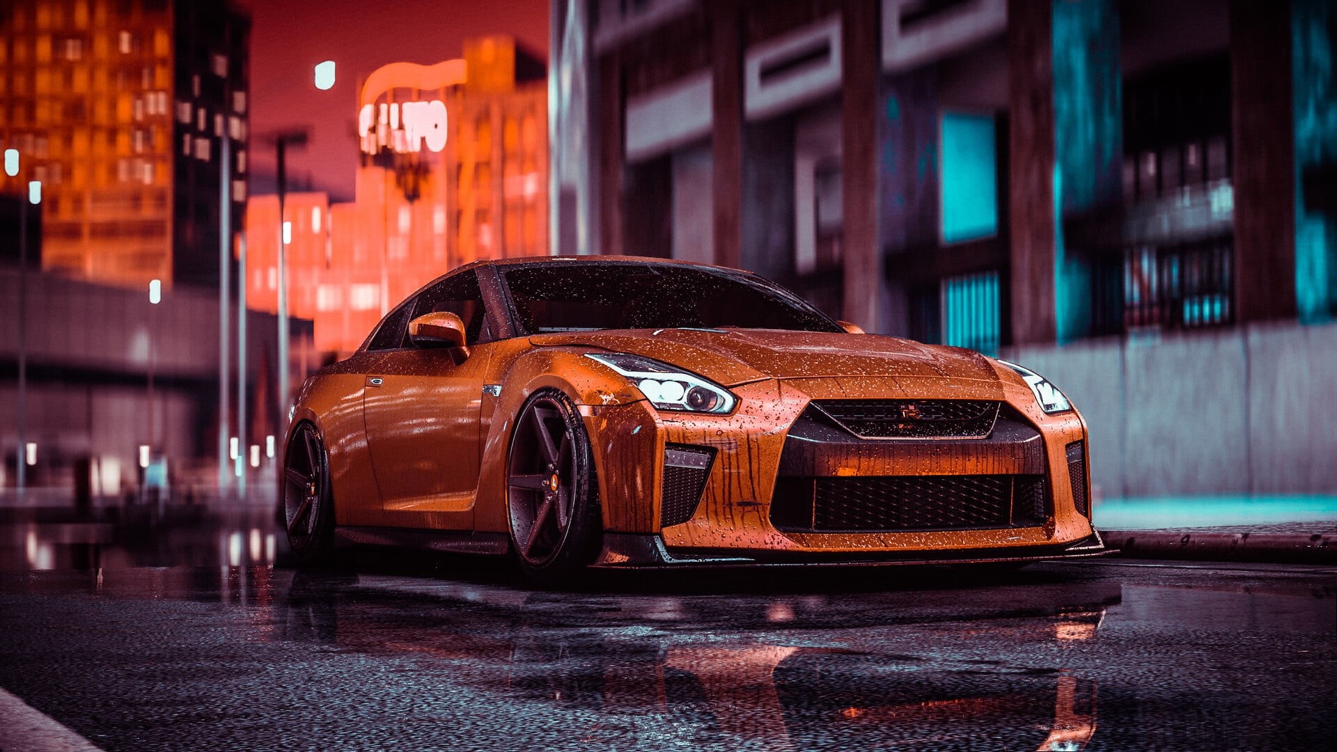 Nissan GT-R, digital art, artwork, vehicle, orange cars, car, Nissan, 1080P, HD Wallpaper
