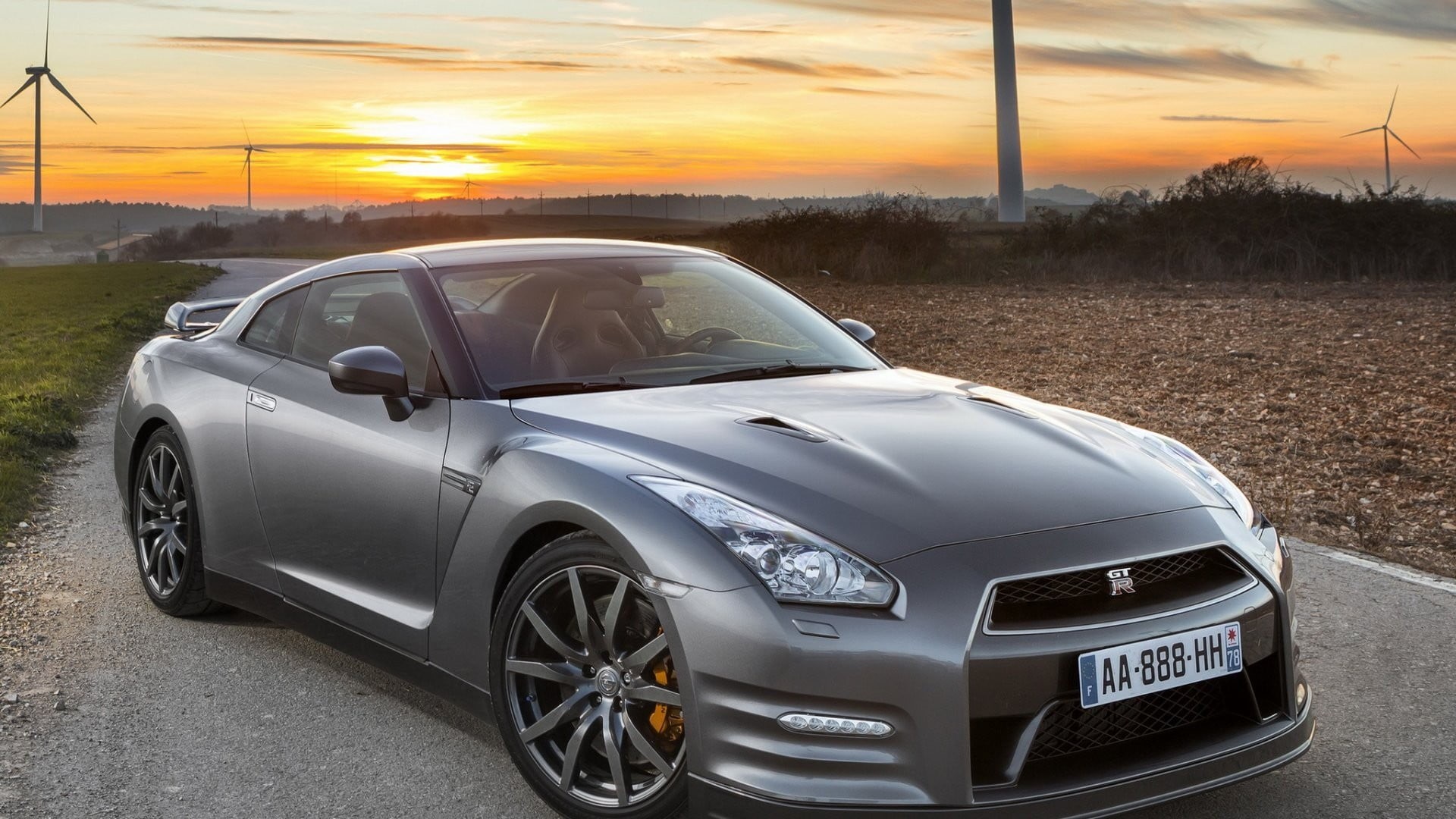 Nissan GT-R, gray, 1080P, vehicle, road trip, mode of transportation, beauty in nature, no people, orange color, motor vehicle, car, sky, land vehicle, HD Wallpaper