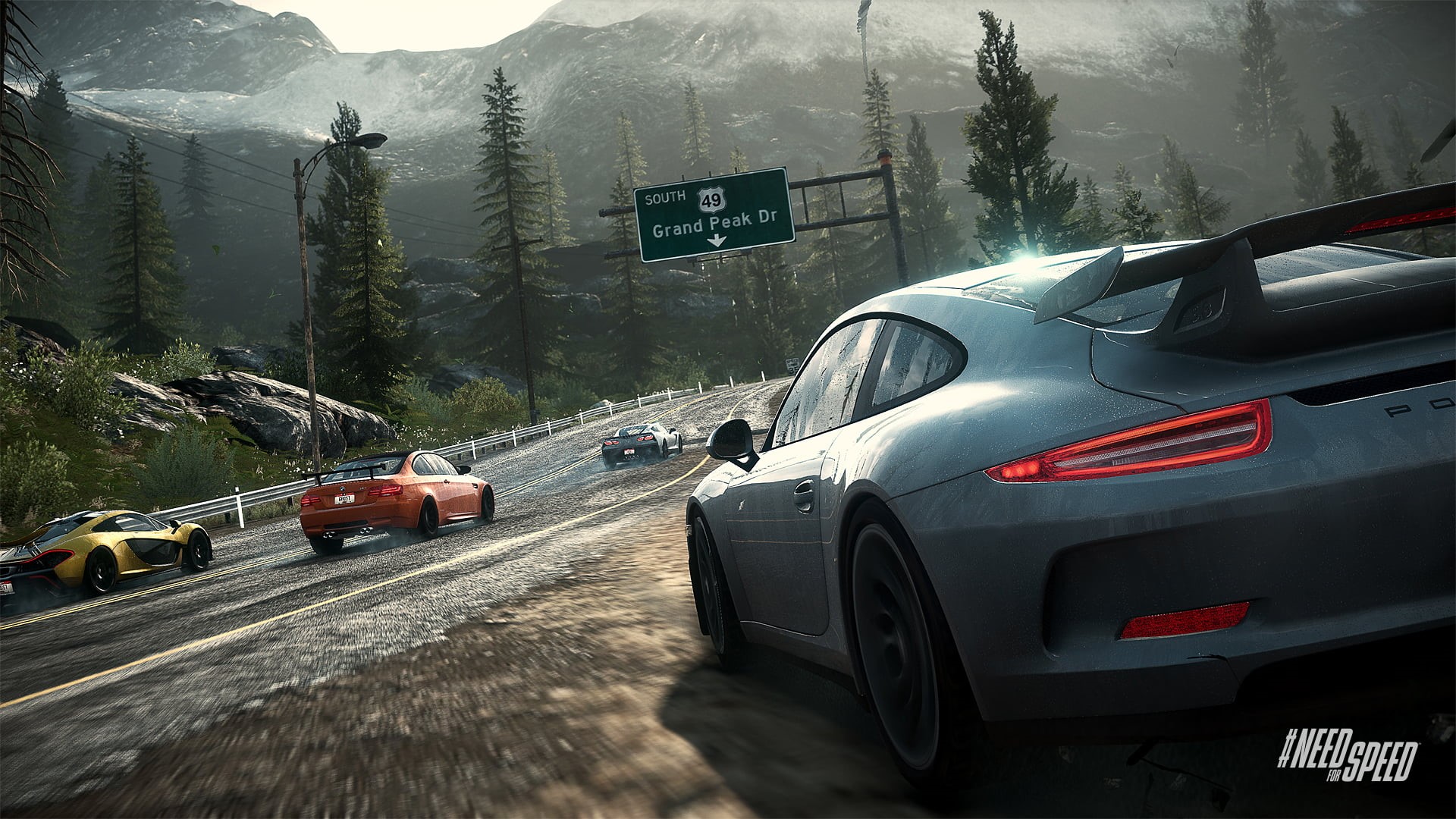 city, mountains, mountain, bmw m3 gts, snow, 1080P, outdoors, street, c7 corvette, road, motor vehicle, mclaren p1, nature, porsche 911, need, built structure, HD Wallpaper