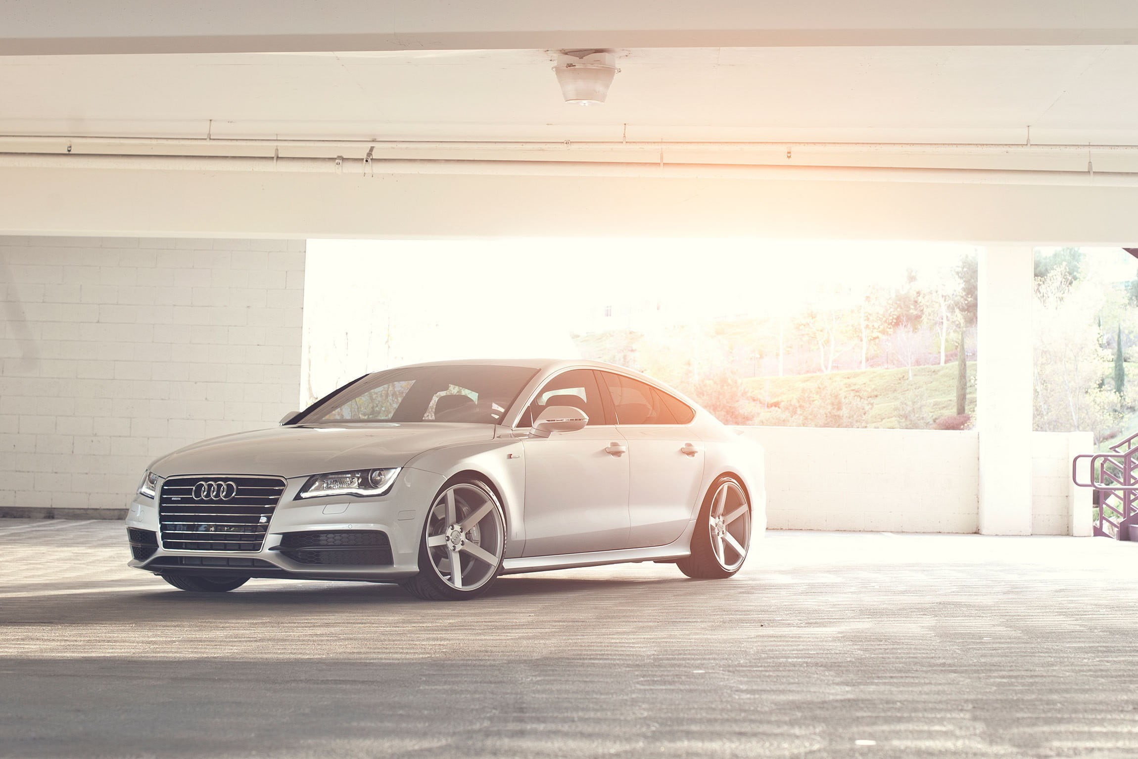 car, indoors, Audi, transportation, no people, day, wealth, motor vehicle, architecture, white color, vehicle, mode of transportation, Stanceworks, sedan, HD Wallpaper