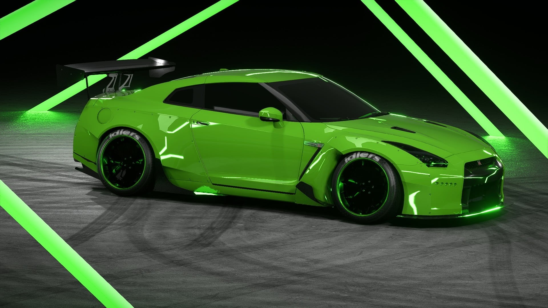 Nissan GTR, Rocket Bunny, green, outdoors, 1080P, day, car, high angle view, land vehicle, transportation, shiny, no people, vintage car, racecar, toy car, HD Wallpaper