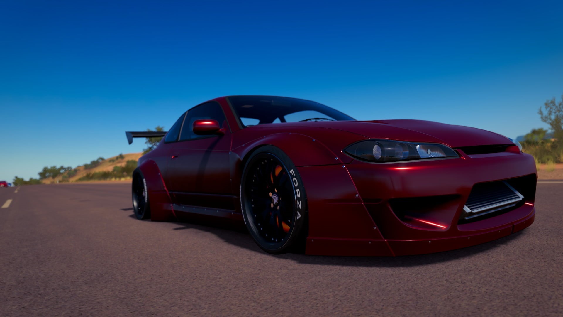 1080P, sky, travel, car, wheel, Nissan Silivia, Rocket Bunny, forza horizon 3, copy space, clear sky, motor vehicle, red, day, video games, retro styled, HD Wallpaper