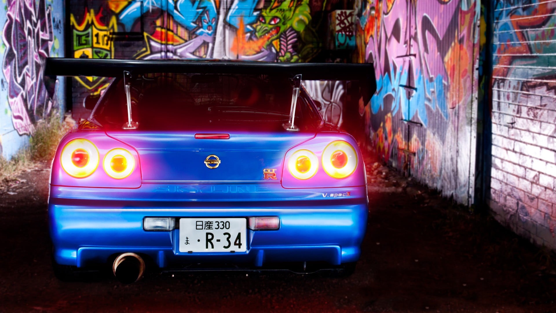 mode of transportation, architecture, land vehicle, Nissan, neon, graffiti, car, street art, Nissan GT-R, creativity, transportation, no people, city, nightlife, HD Wallpaper