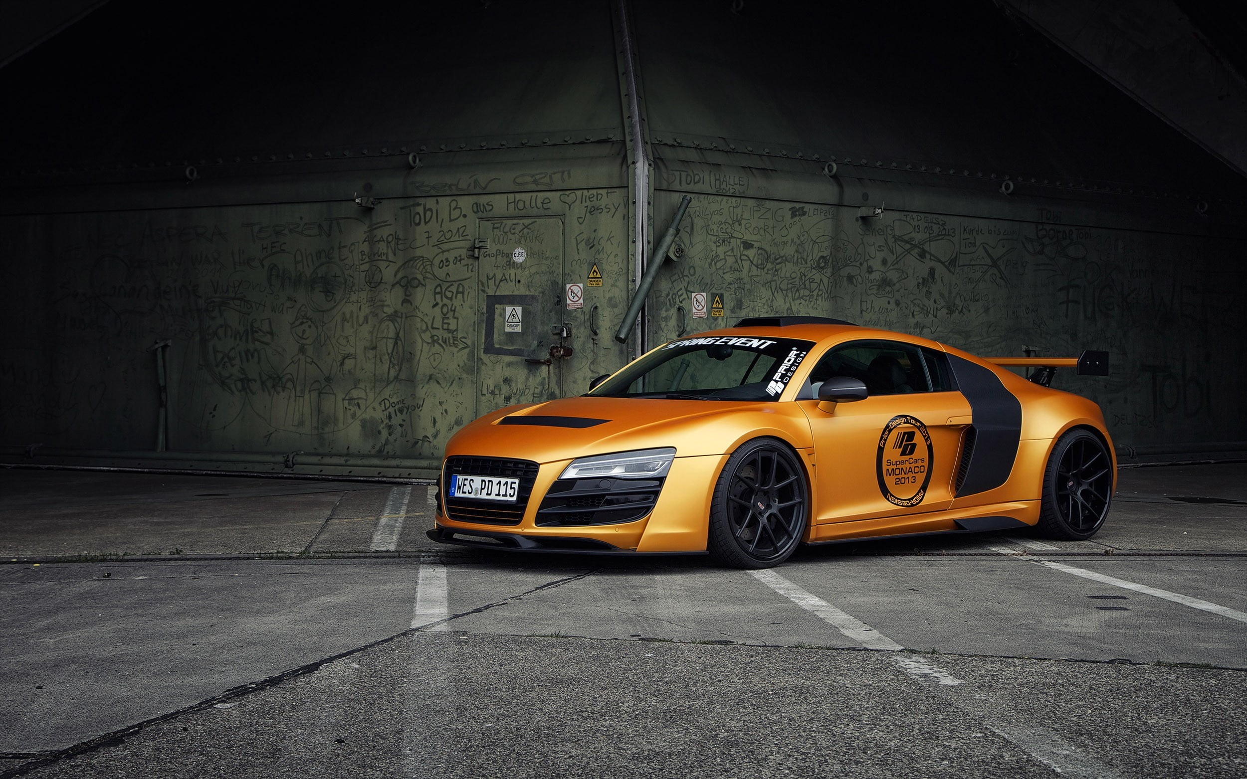 day, wall - building feature, car, architecture, parking garage, yellow taxi, stationary, indoors, Audi, widebody, motor vehicle, Prior Design, 1080P, HD Wallpaper