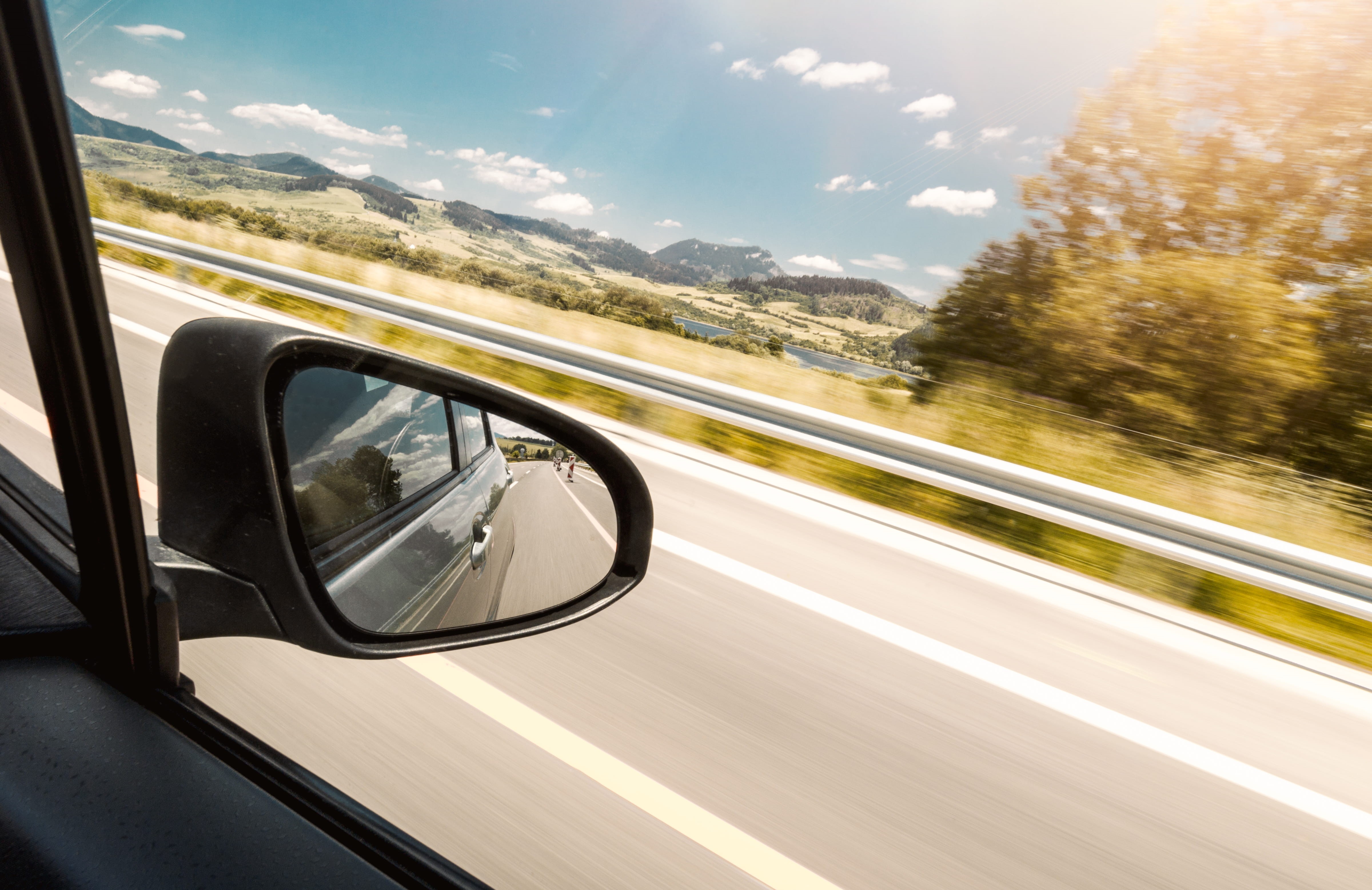glass - material, reflection, 4K, outdoors, cloud - sky, no people, mountain, speed, motion, motor vehicle, view, car, window, side-view mirror, rear, HD Wallpaper
