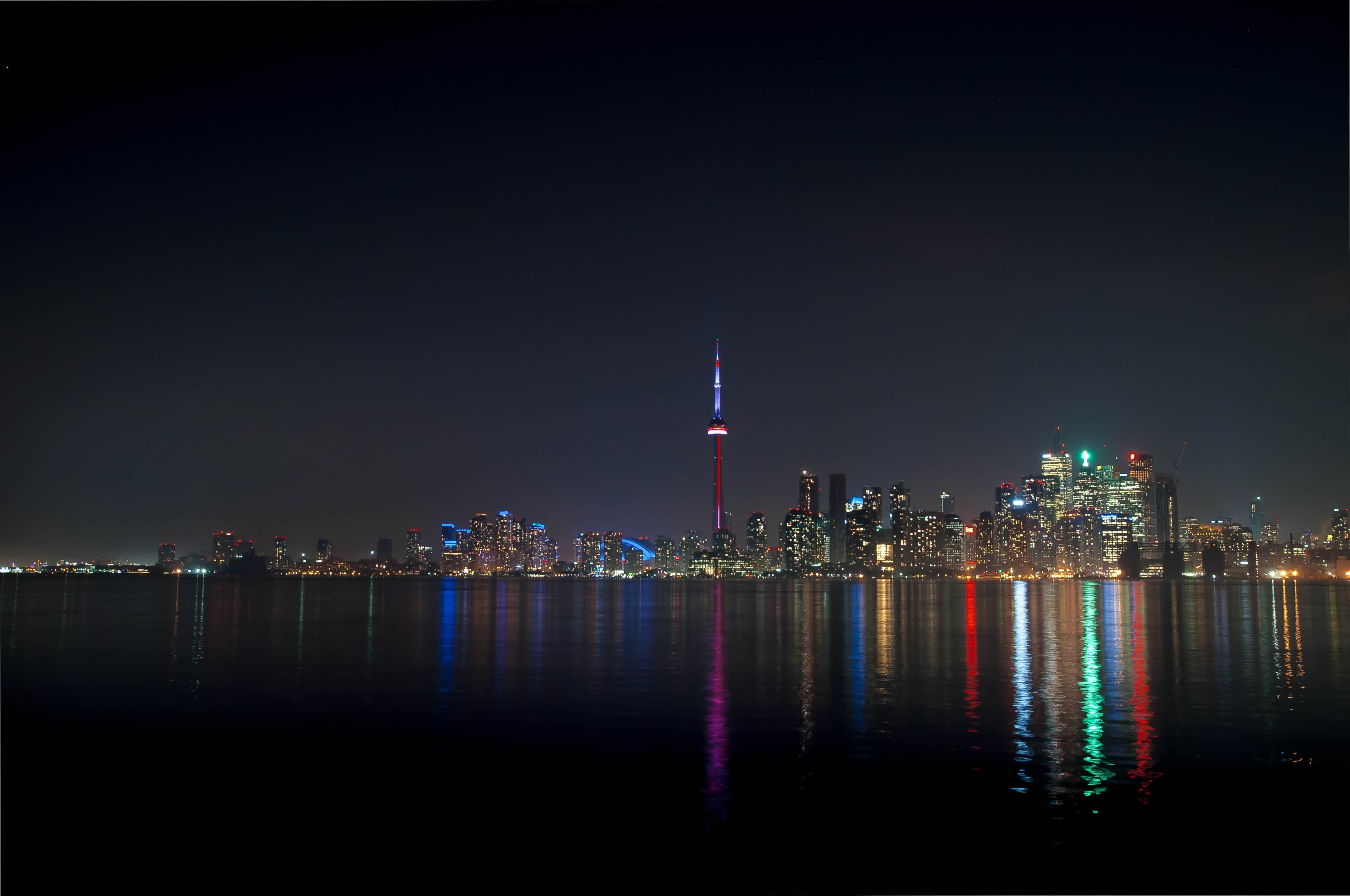 no people, travel destinations, built structure, office building exterior, landscape, tower, building exterior, nature, Toronto, modern, illuminated, water, HD Wallpaper