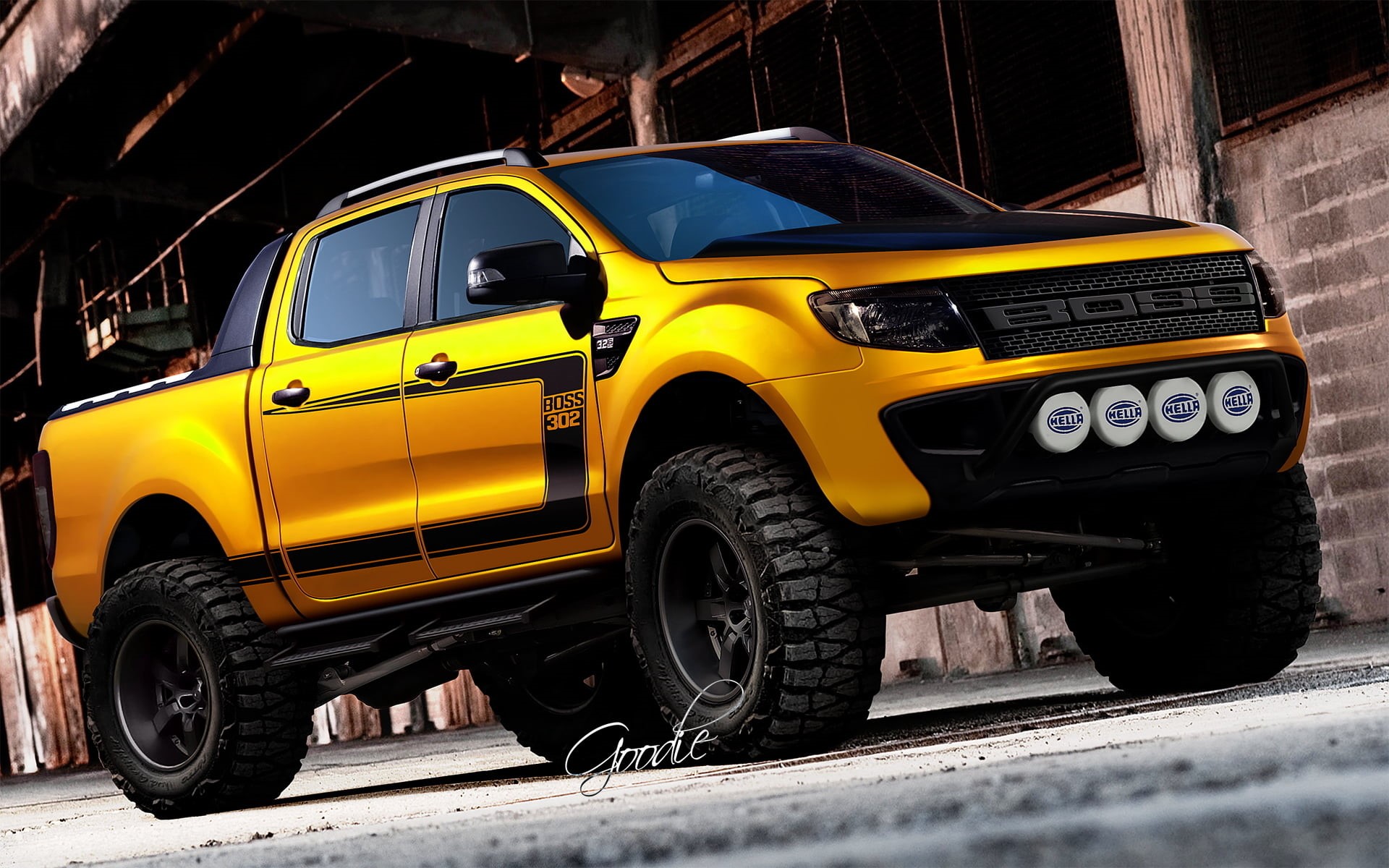 outdoors, virtual tuning, street, off-Road Vehicle, day, 1080P, parking, yellow, stationary, engine, SUV, modern, mode of Transport, sunlight, boss 302, HD Wallpaper